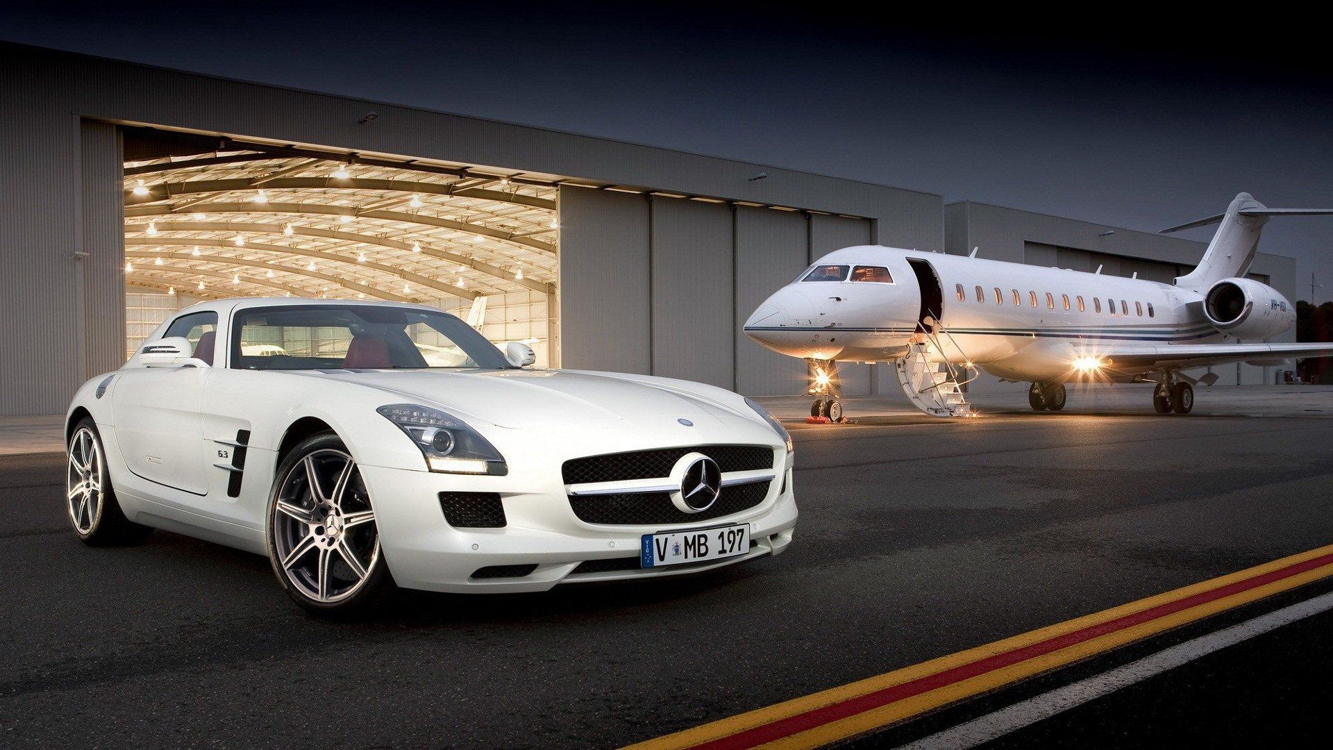 Mercedes SLS bianca e jet privato, 1920x1080 1080p, PC Desktop