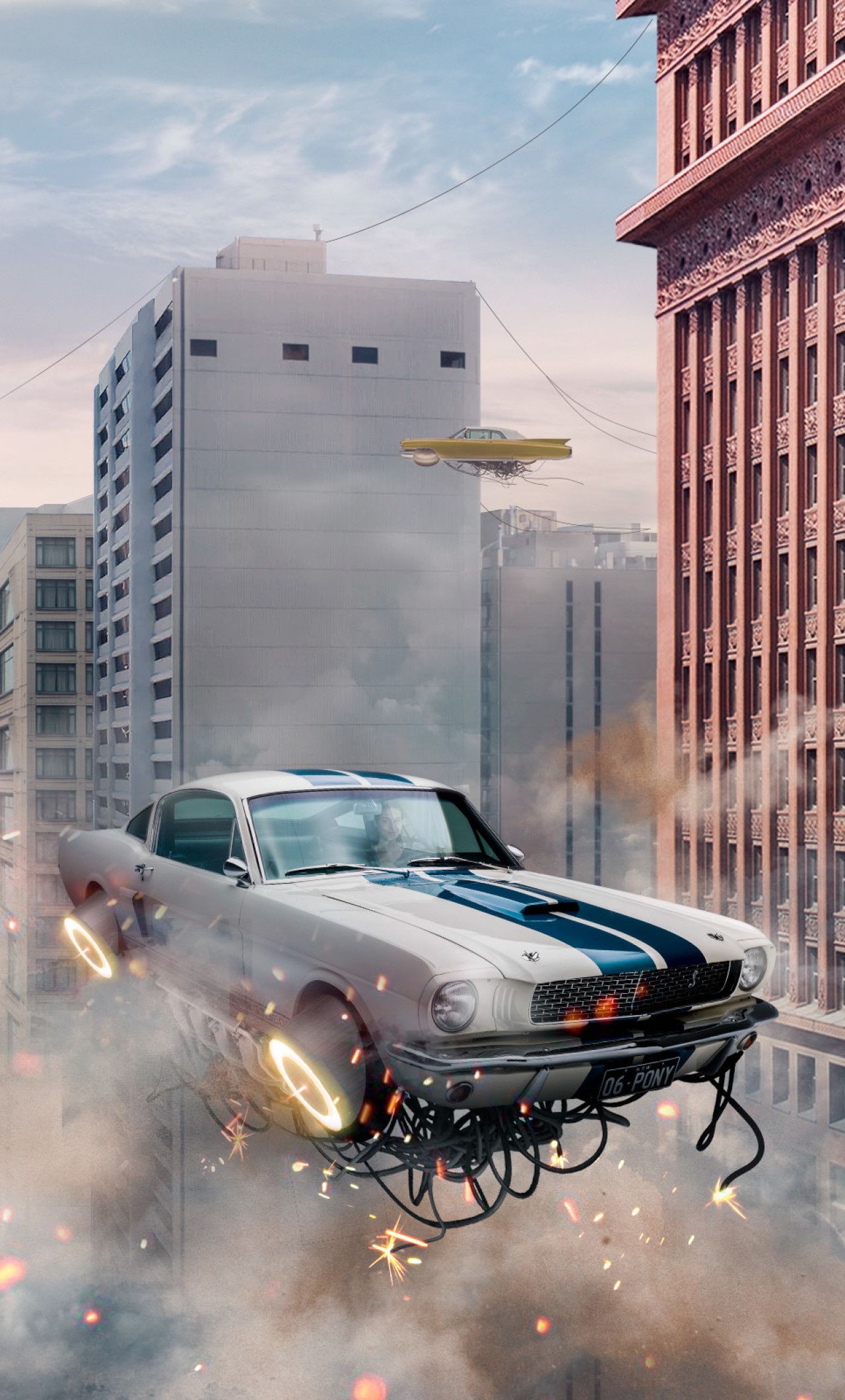 Auto volante retro futuristica città, 1280x2120 Full HD Verticale, iPhone Plus