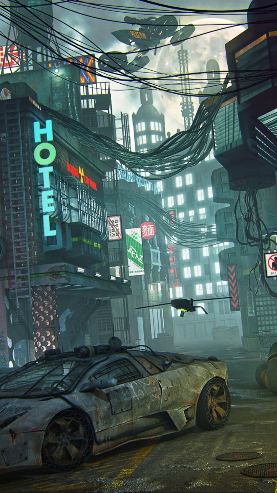 Città cyberpunk auto futuristica, 938x1668 Full HD Verticale, iPhone Plus