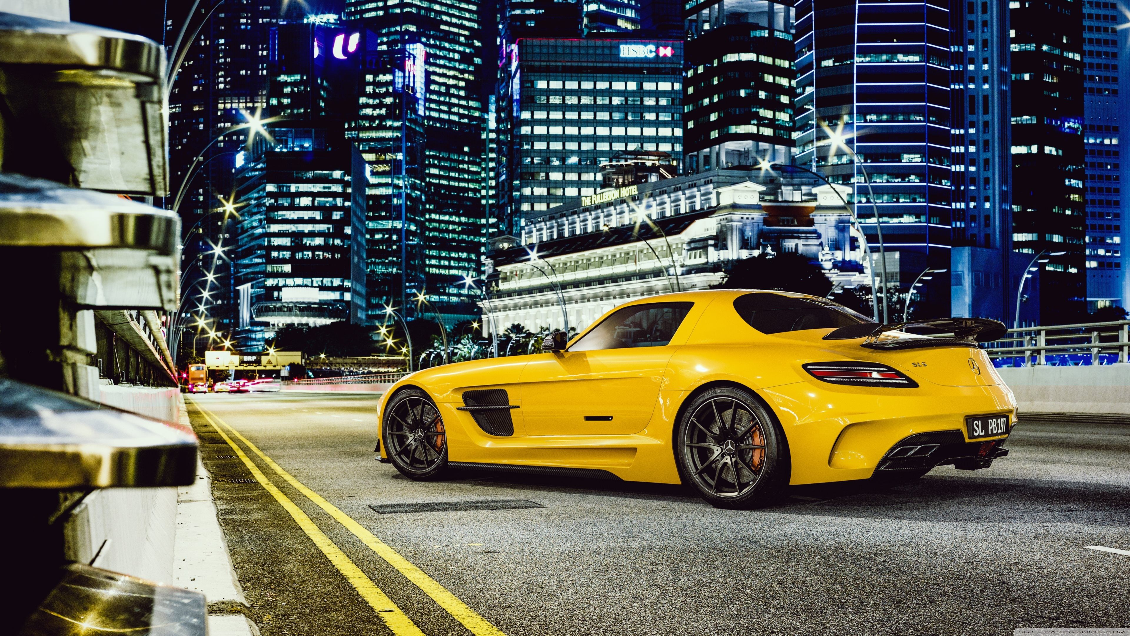 Mercedes SLS AMG gialla notturna, alte prestazioni, 3840x2160 UHD, PC 4K