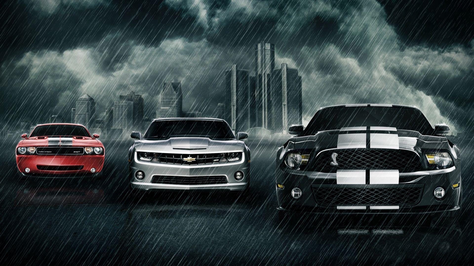 Tre muscle car sotto pioggia, 1920x1080 Full HD 1080p, PC