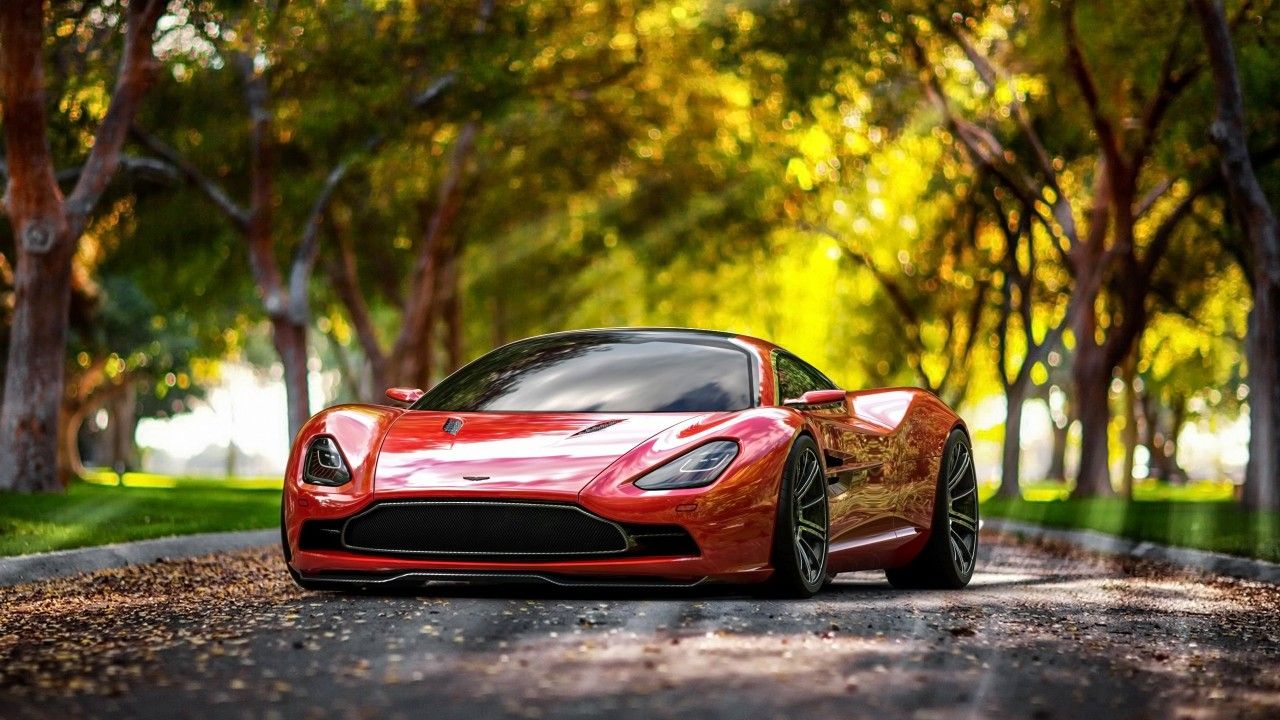Aston Martin rossa su strada alberata, 1280x720 HD, Desktop
