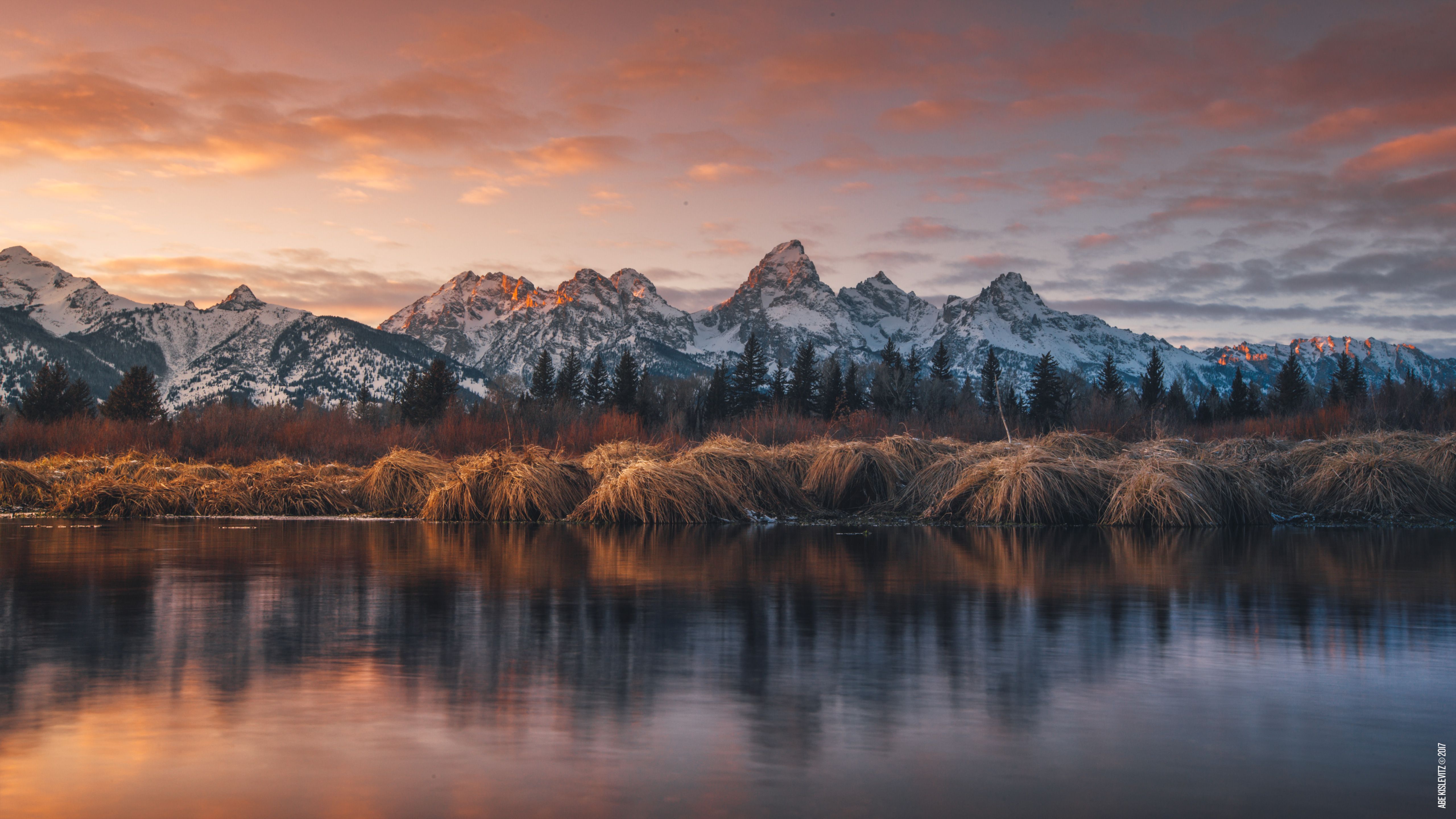 Montagne innevate al tramonto, lago, 5120x2880 4K, Smart TV 4K