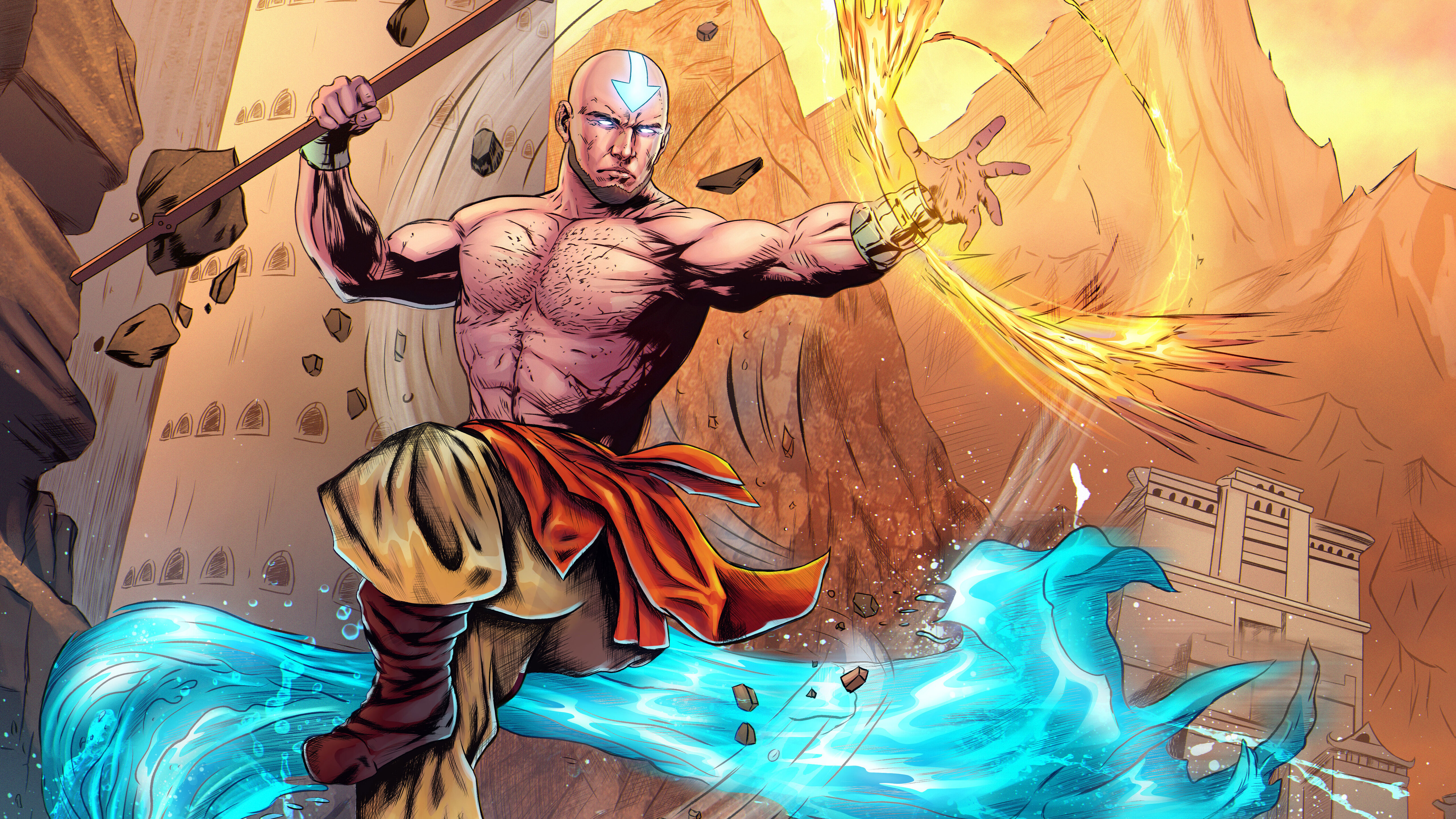 Aang Avatar arte elementi, 5120x2880 Ultra HD, Monitor 4K