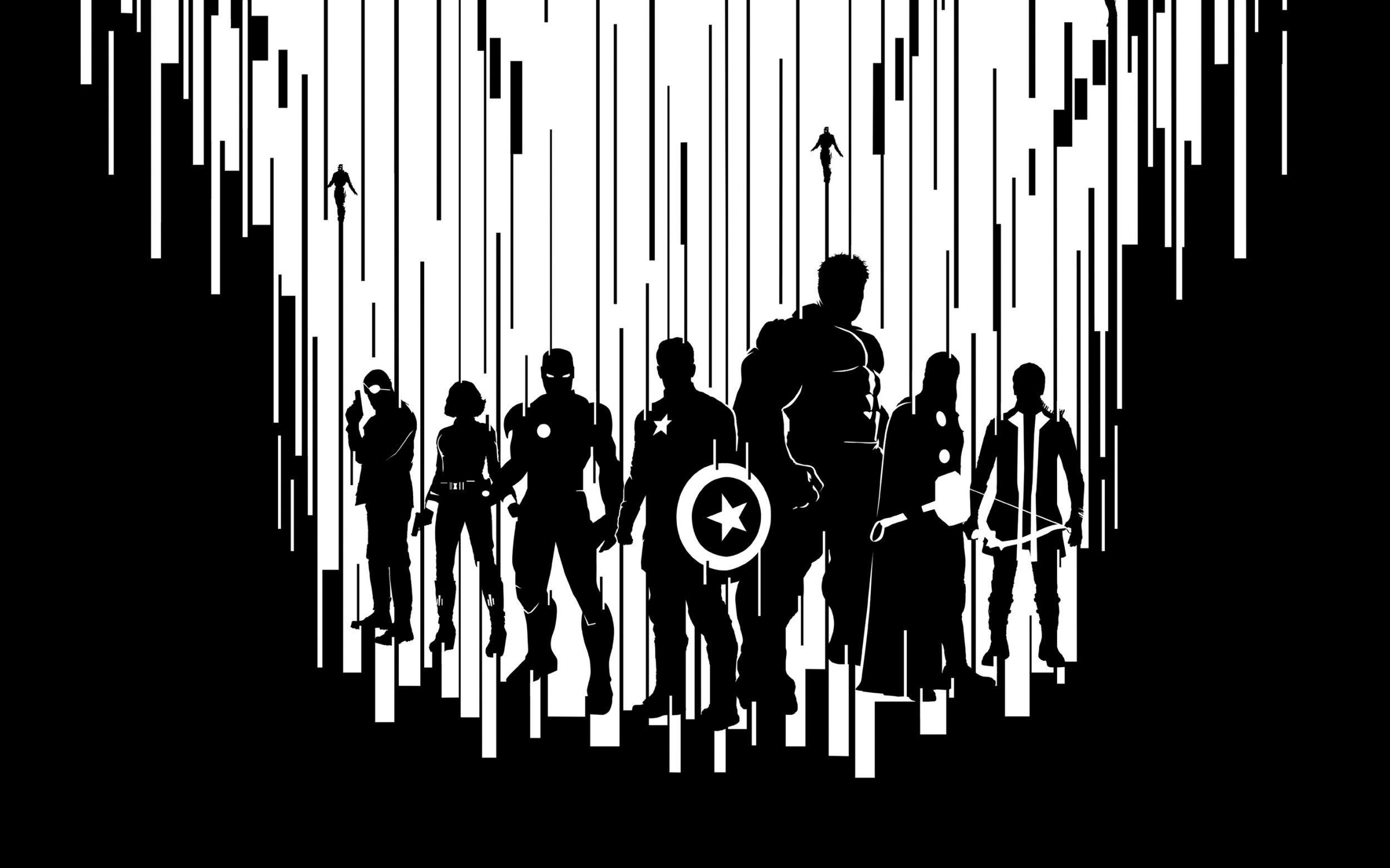 Silhouette Avengers bianco nero, Marvel, 2500x1562 alta risoluzione, PC Desktop