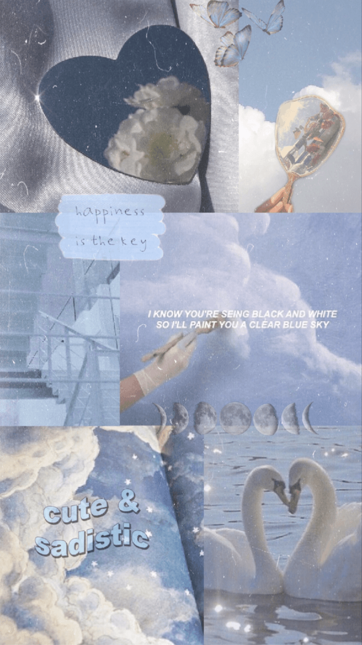 Collage estetico azzurro cigni nuvole, 719x1280 Verticale, Telefono
