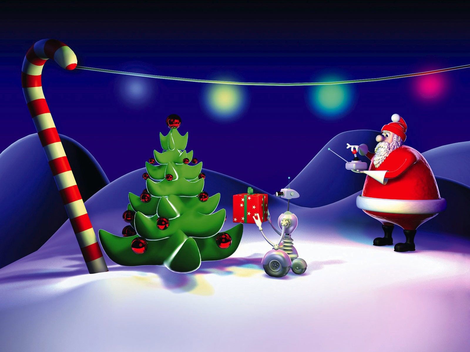 Babbo Natale robot albero notte, 1600x1200 HD, Laptop