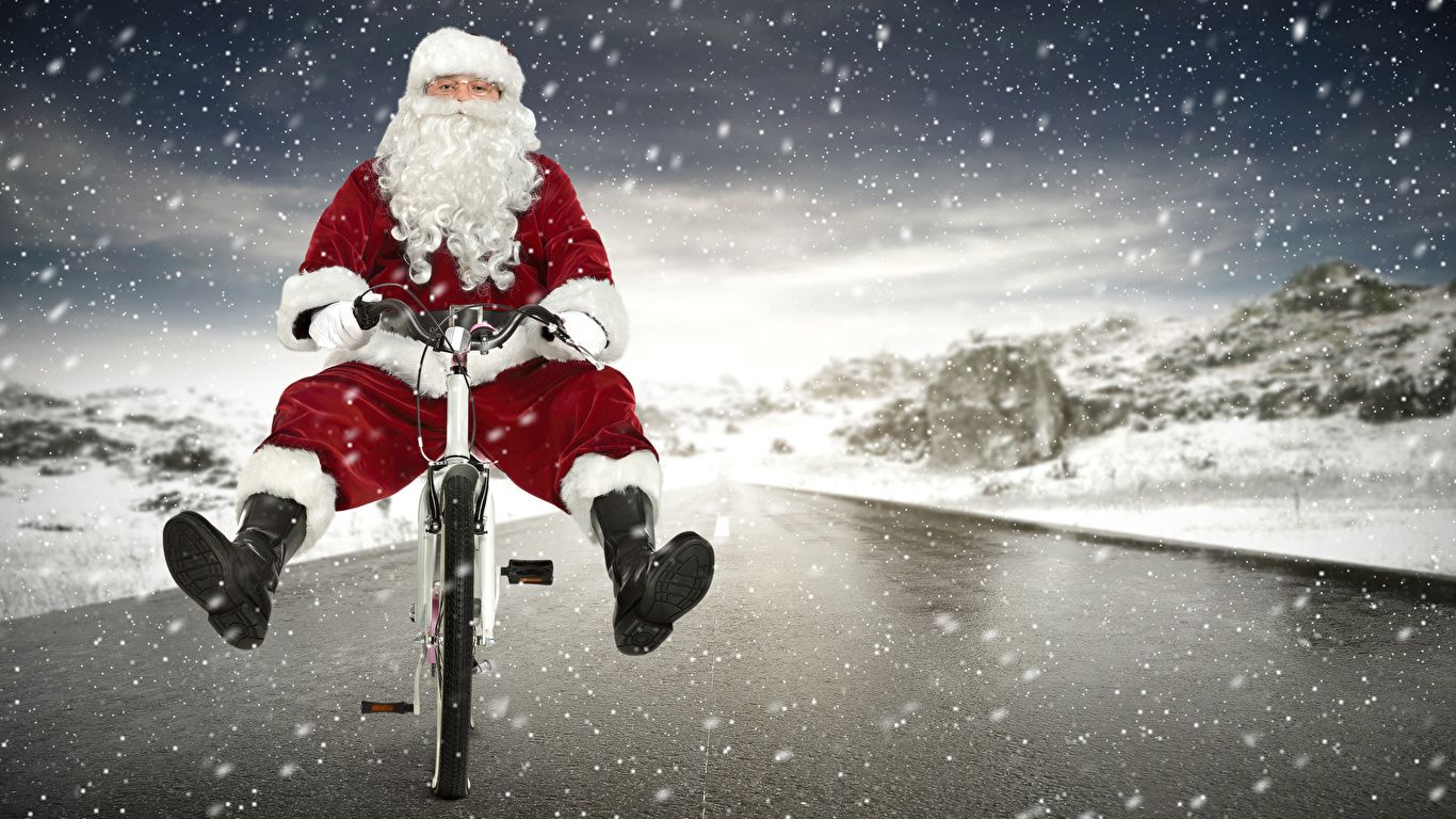 Babbo Natale in bicicletta neve, 1366x768 HD, Desktop