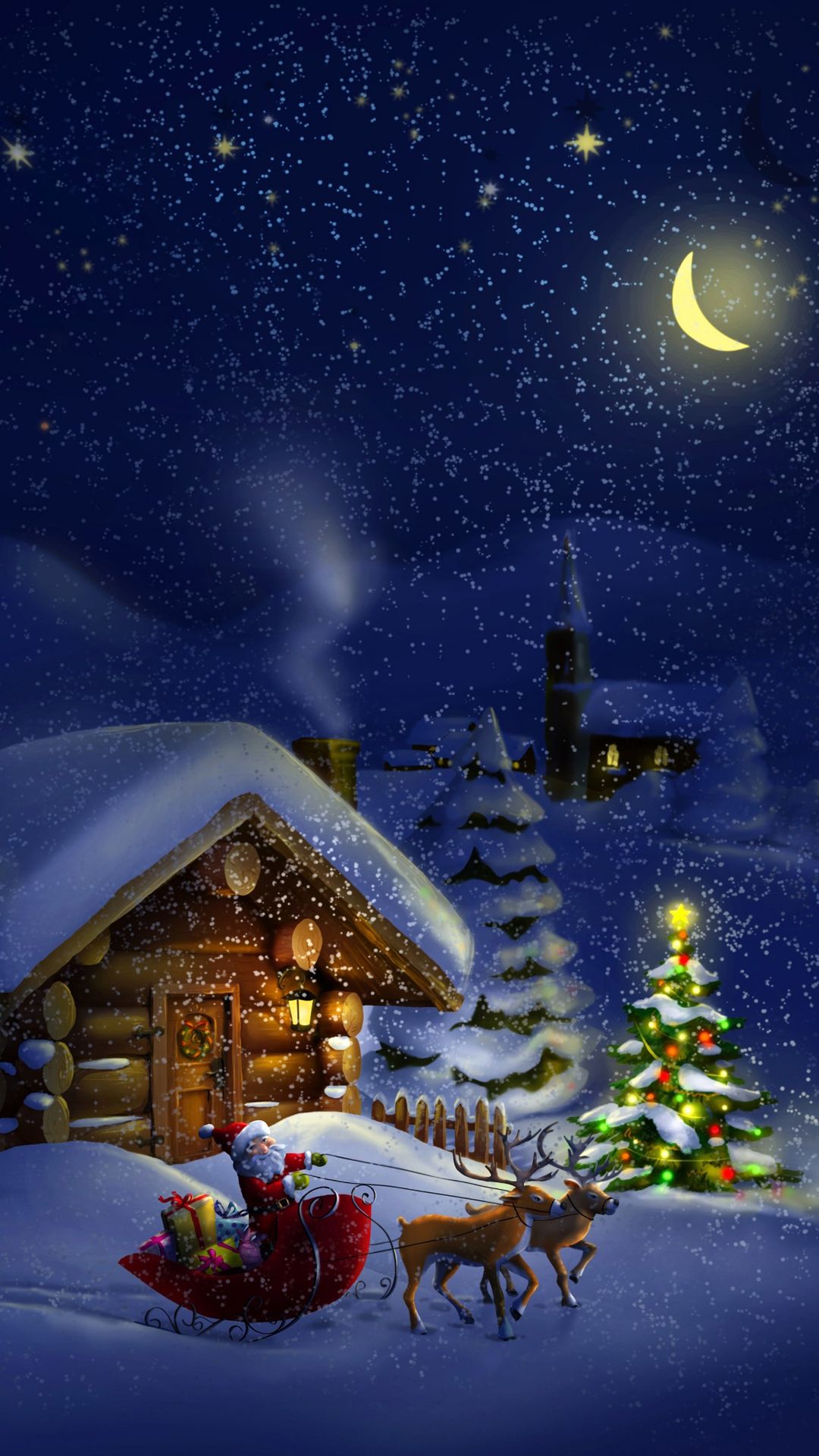 Babbo Natale slitta renne casa neve, 1080x1920 Verticale, iPhone