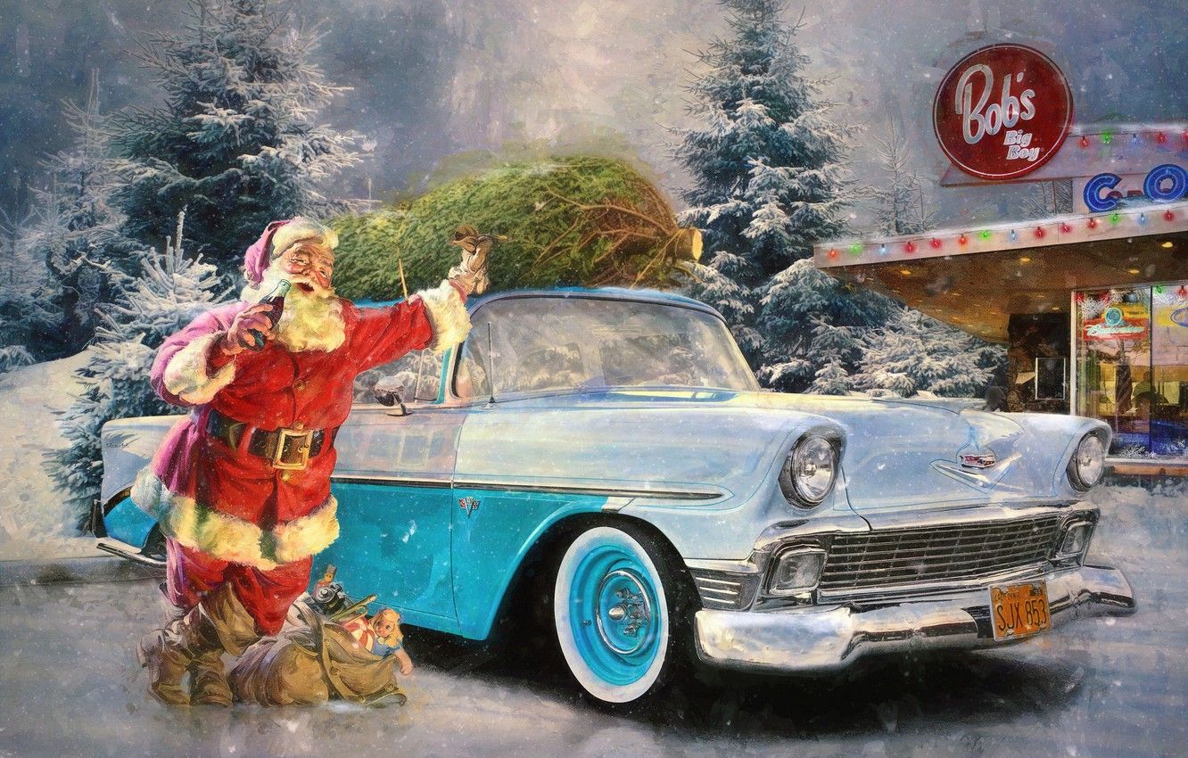 Babbo Natale con auto d'epoca, 1332x850 HD, Desktop