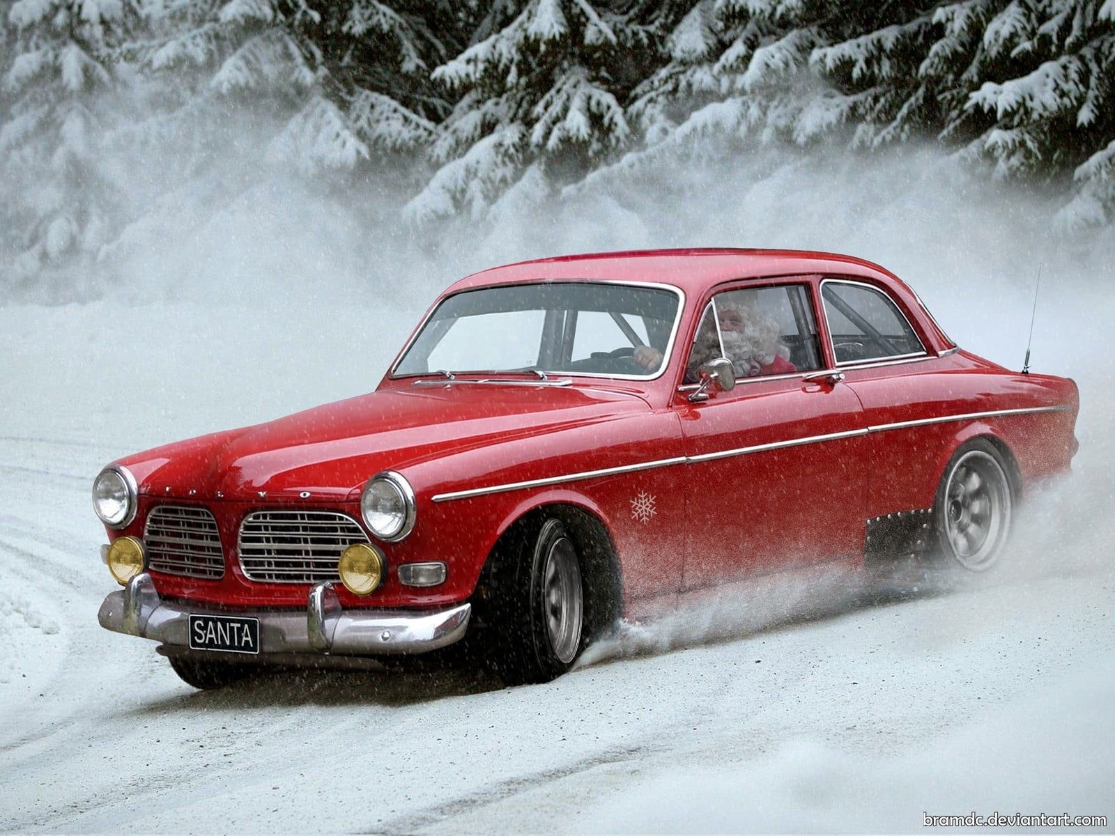 Auto rossa vintage in derapata neve, 1600x1200 HD, Desktop