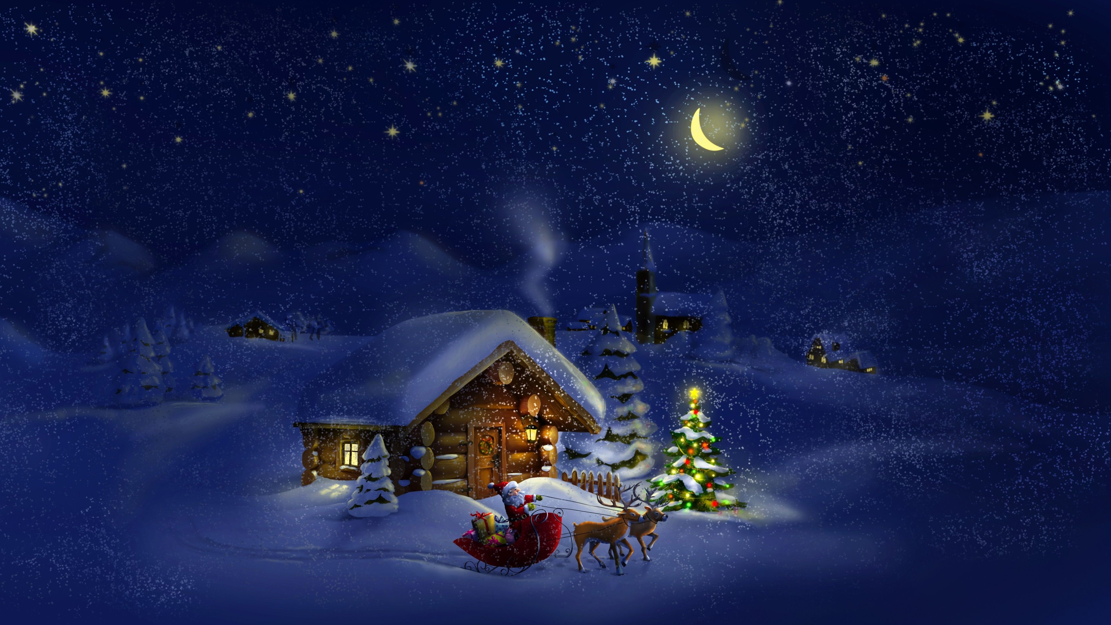 Babbo Natale casetta notte innevata, 3840x2160 4K Ultra HD, Desktop