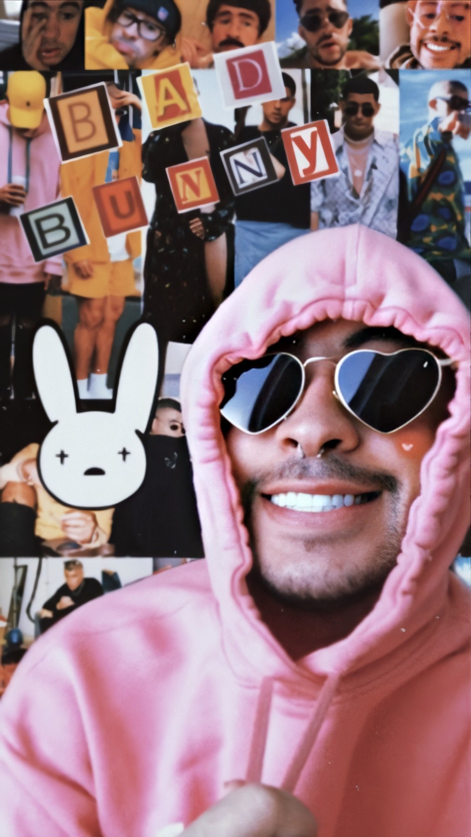 Bad Bunny felpa rosa collage, 1500x2668 Verticale, Telefono