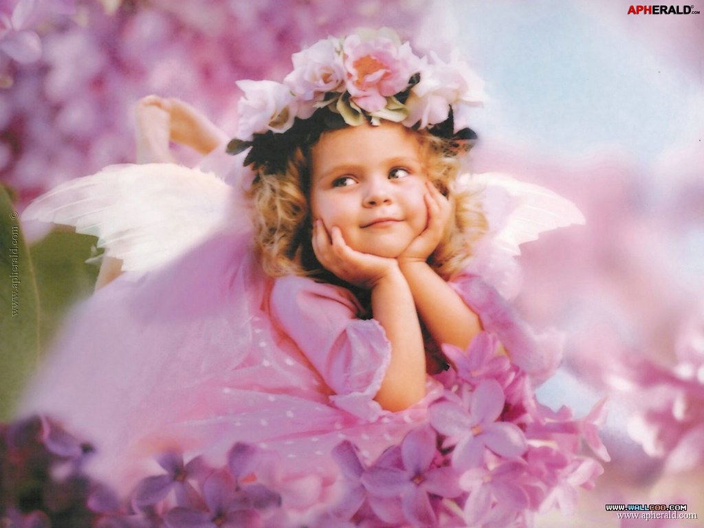 Bambina angelo con fiori rosa, 1024x768 HD, Desktop