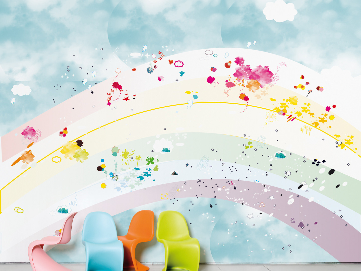 Arcobaleno acquerello con sedie colorate, 1450x1088 720p, Laptop