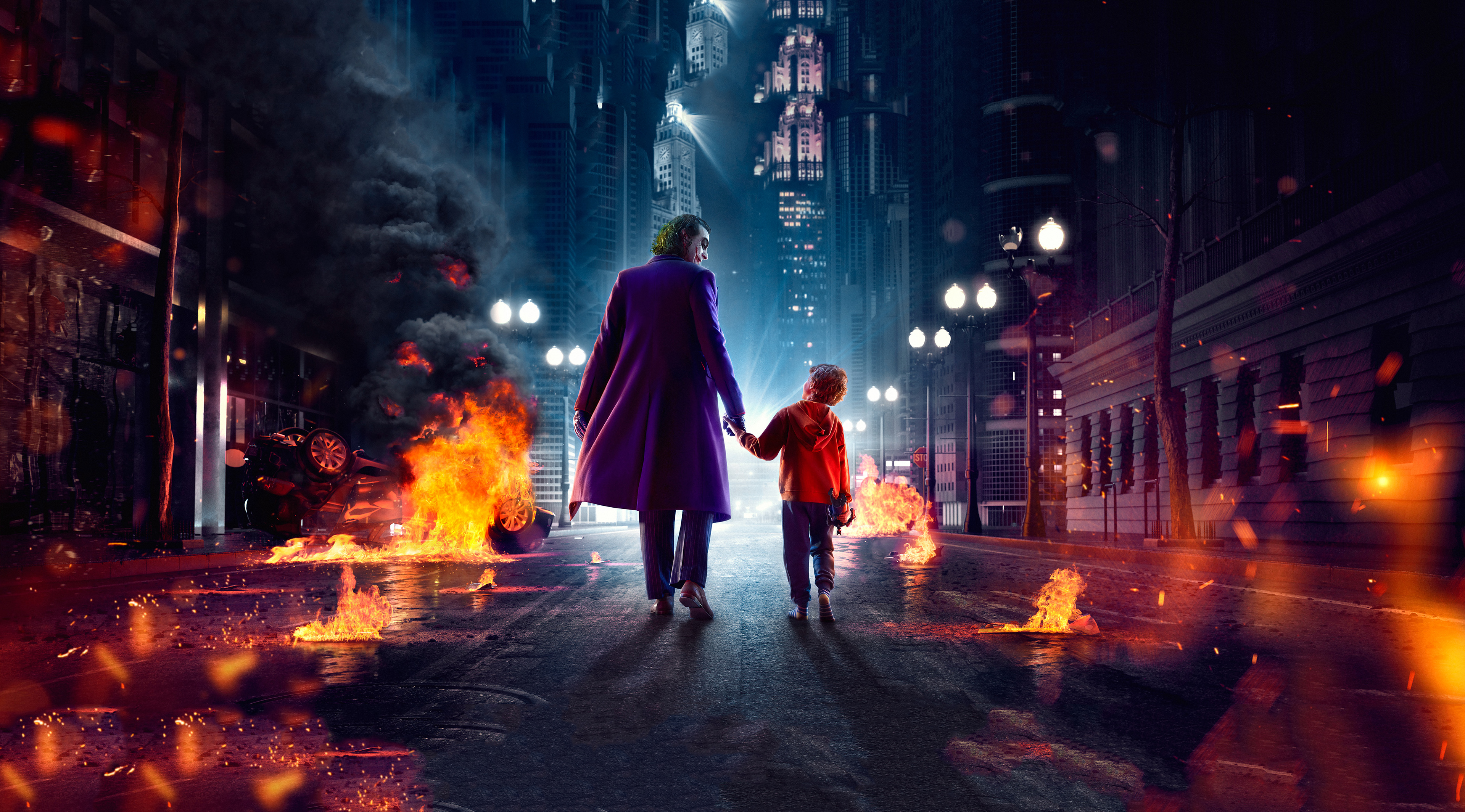 Joker con bambino, strada notturna, DC Comics, 3840x2129 4K Ultra HD, Monitor 4K