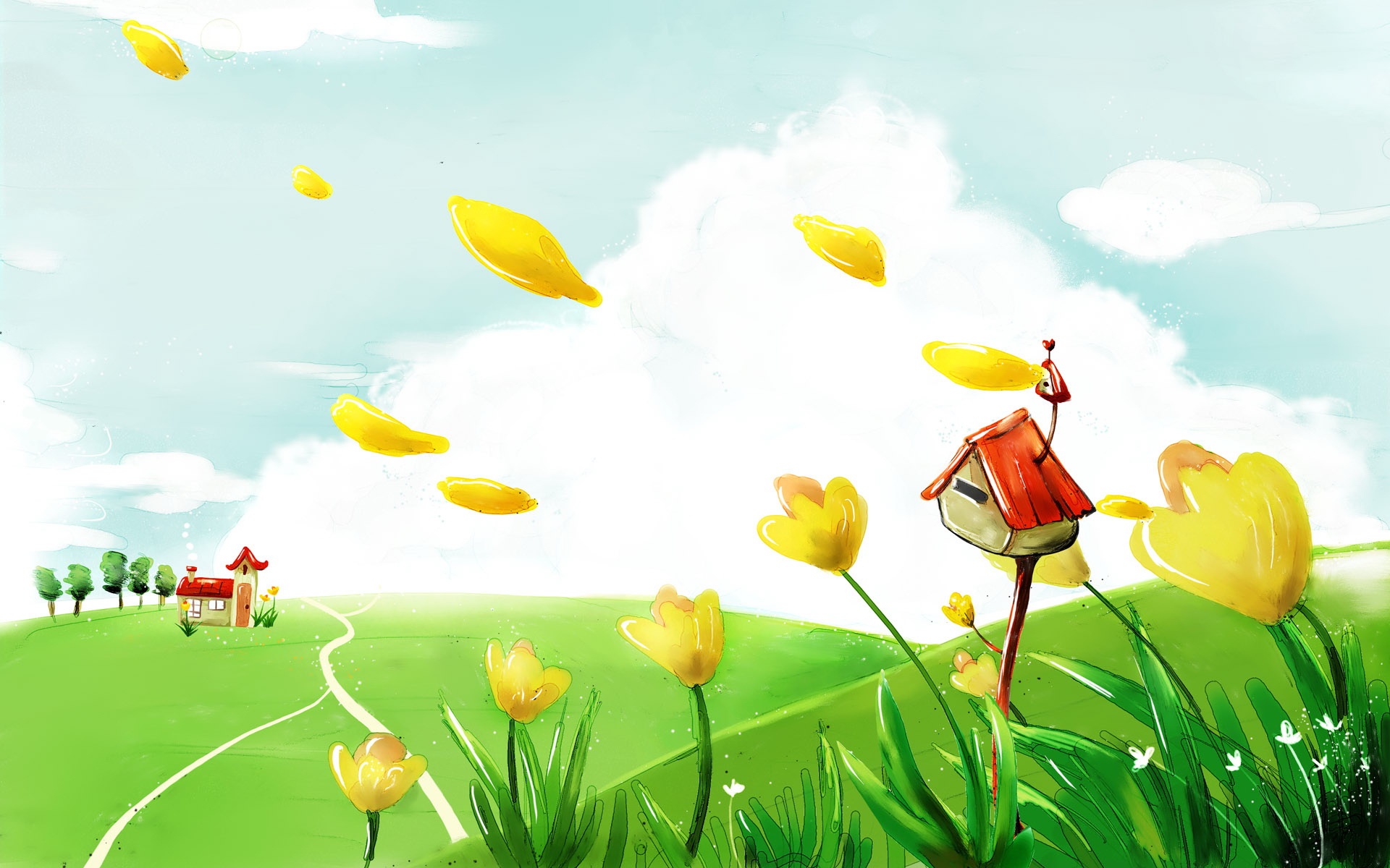 Fiori gialli e casette collina, 1920x1200 Full HD+, PC