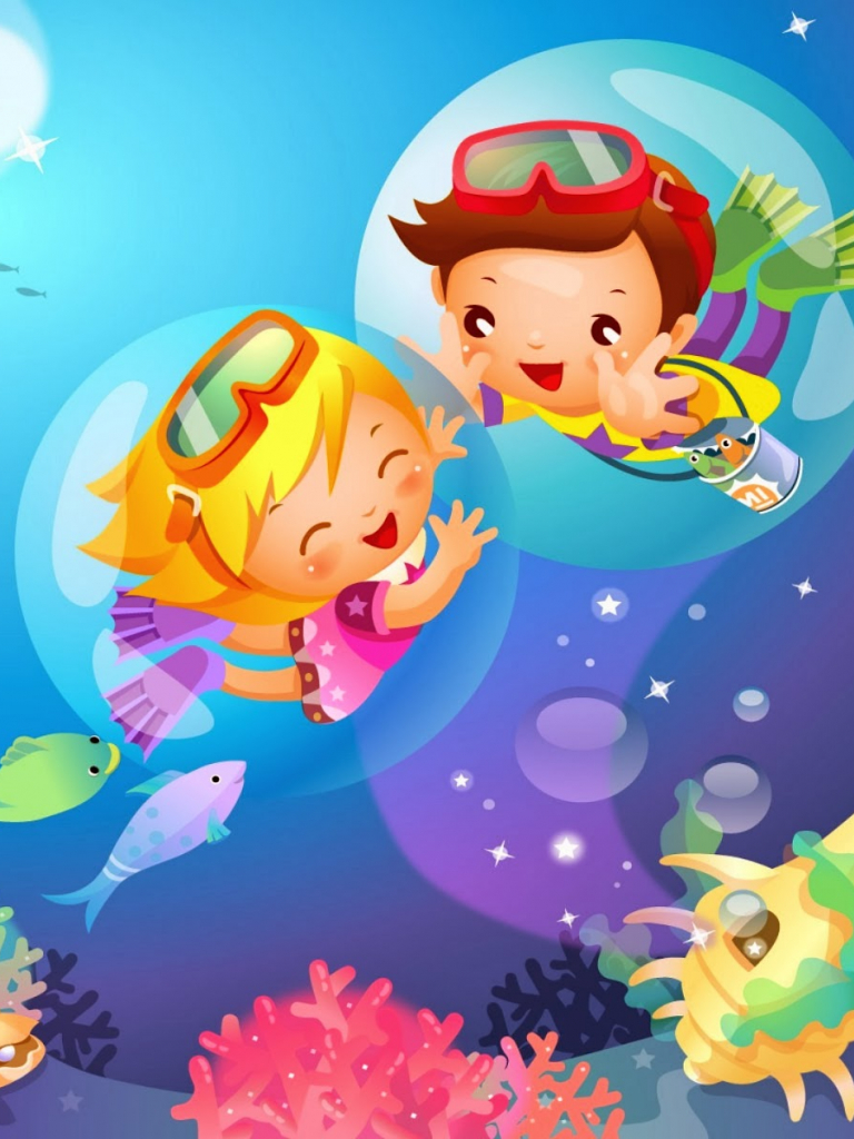 Bambini sub cartoon oceano, 768x1024 Verticale, Mobile