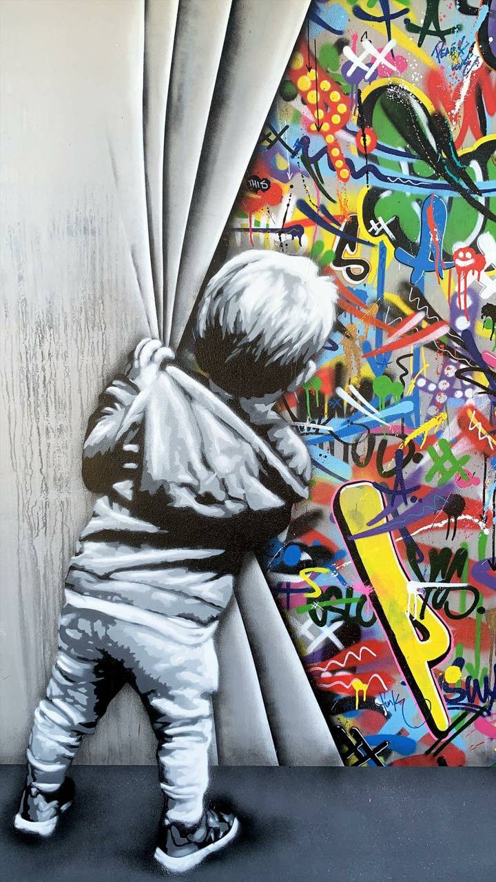 Bambino apre tenda graffiti colorati, 720x1280 Verticale, Telefono