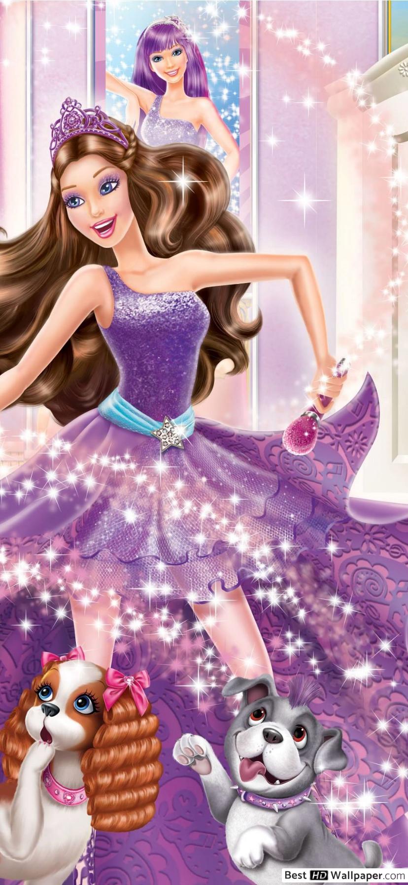 Barbie con abito viola e cani, 828x1792 Full HD Verticale, Smartphone
