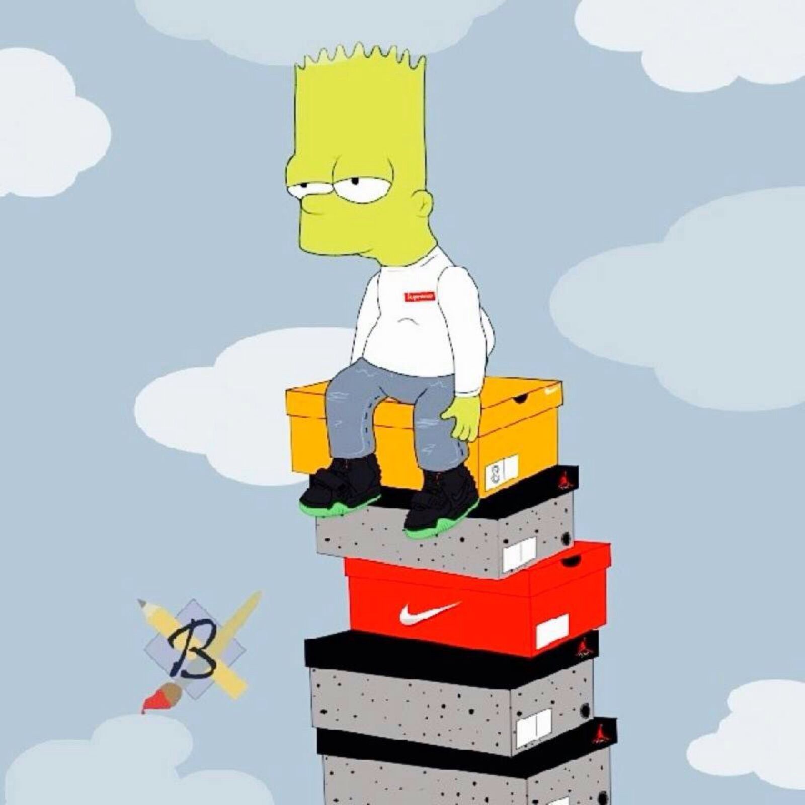 Bart Simpson seduto su scatole Nike, abbigliamento sportivo, 1600x1600 900p, Desktop