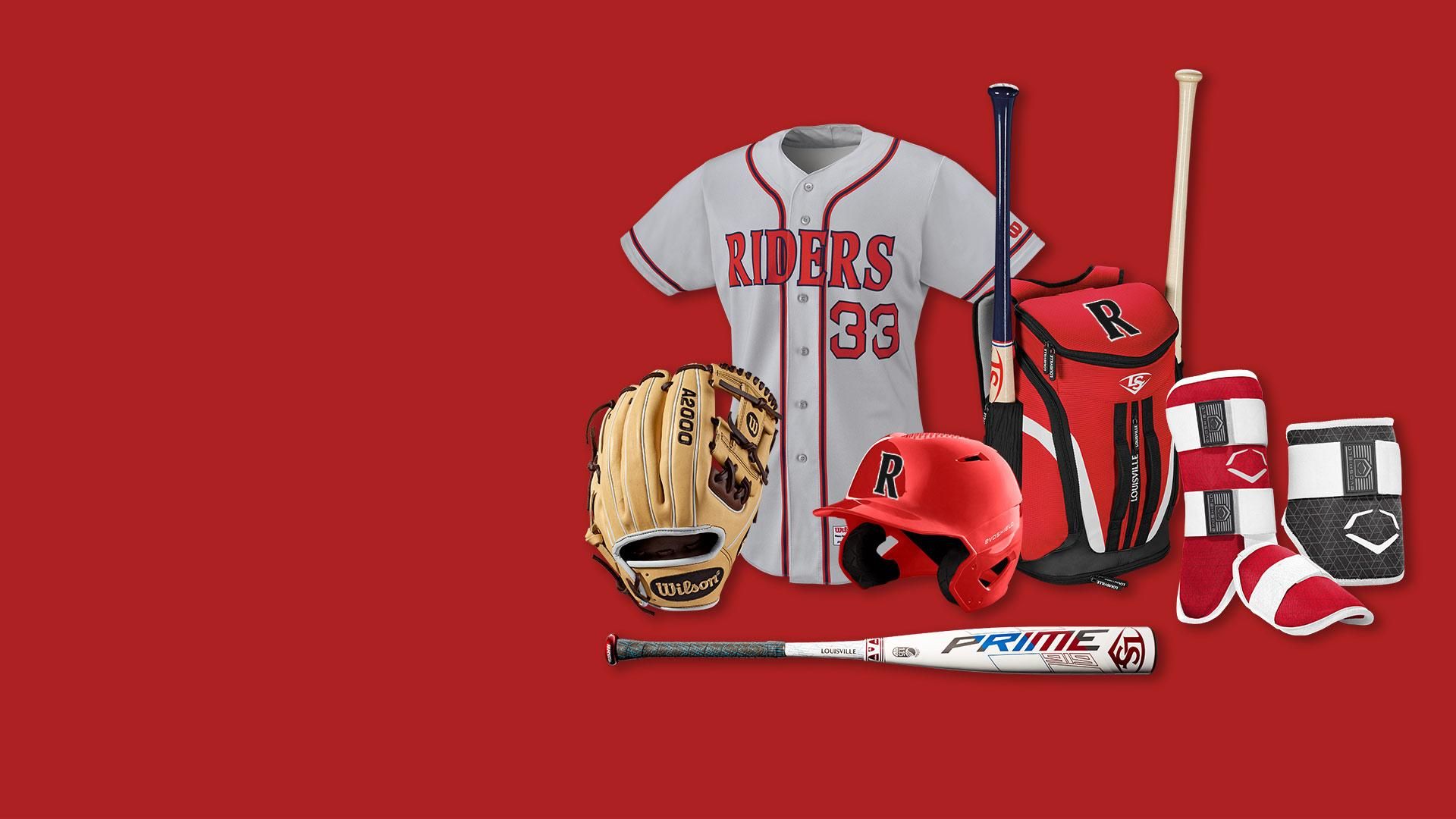 Attrezzatura baseball Riders su rosso, 1920x1080 Full HD, Desktop