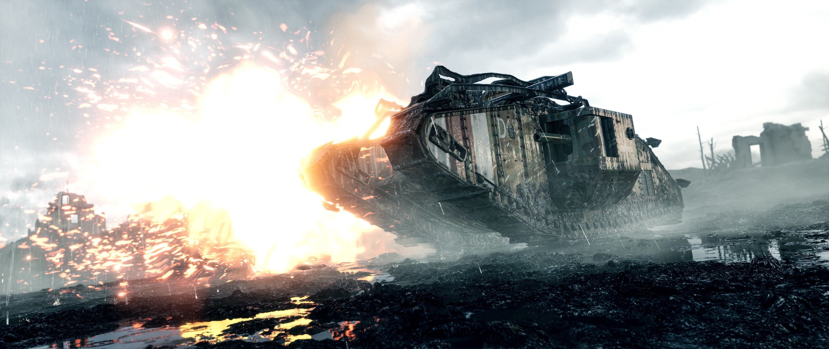 Battlefield 1 carro armato esplosione, 3413x1440 Panoramico, Dual Screen