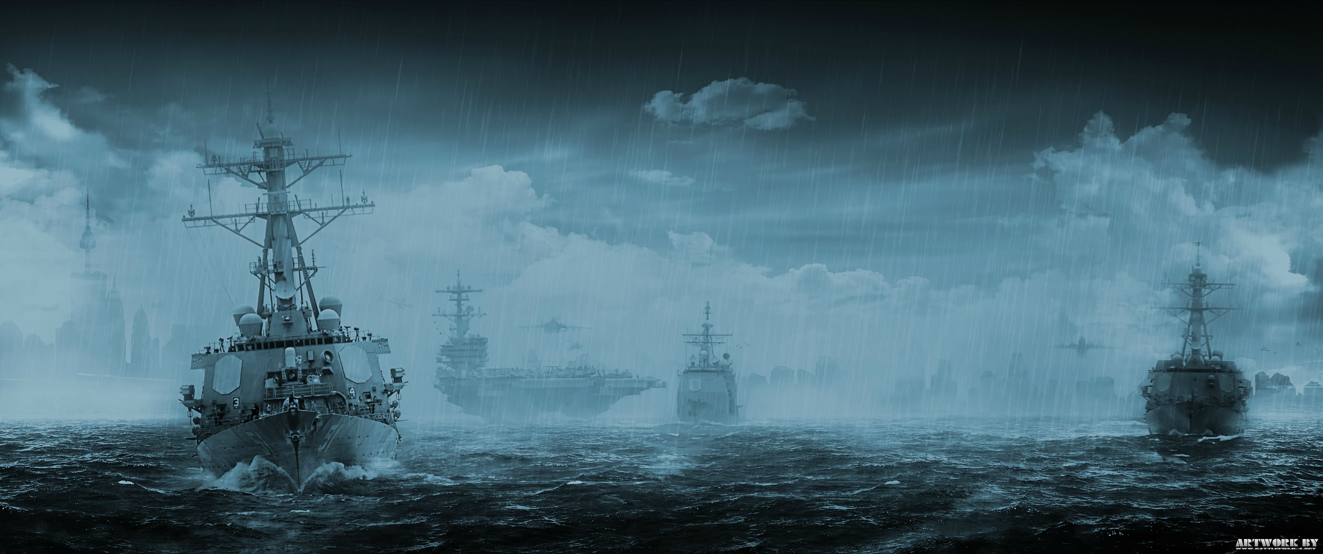 Navi da guerra oceano tempestoso, 4500x1885 Ultrawide, Dual Monitor
