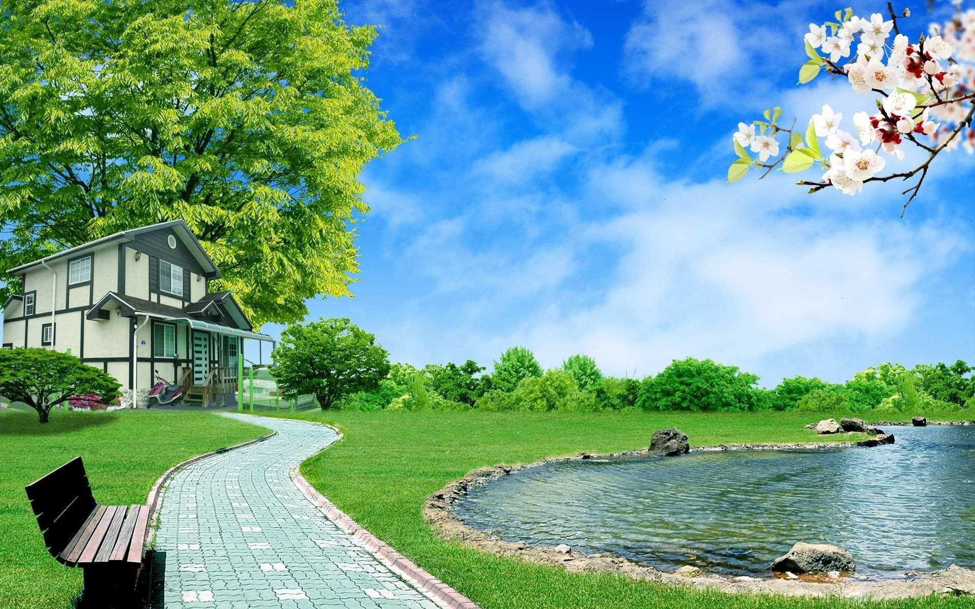 Casa giardino verde stagno, 1920x1200 Full HD+ WUXGA, PC Desktop