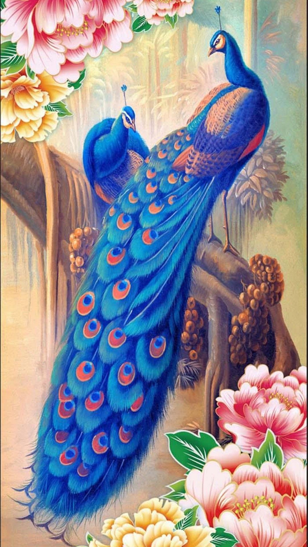Pavoni blu con fiori peonie, 1080x1920 Full HD Verticale, iPhone