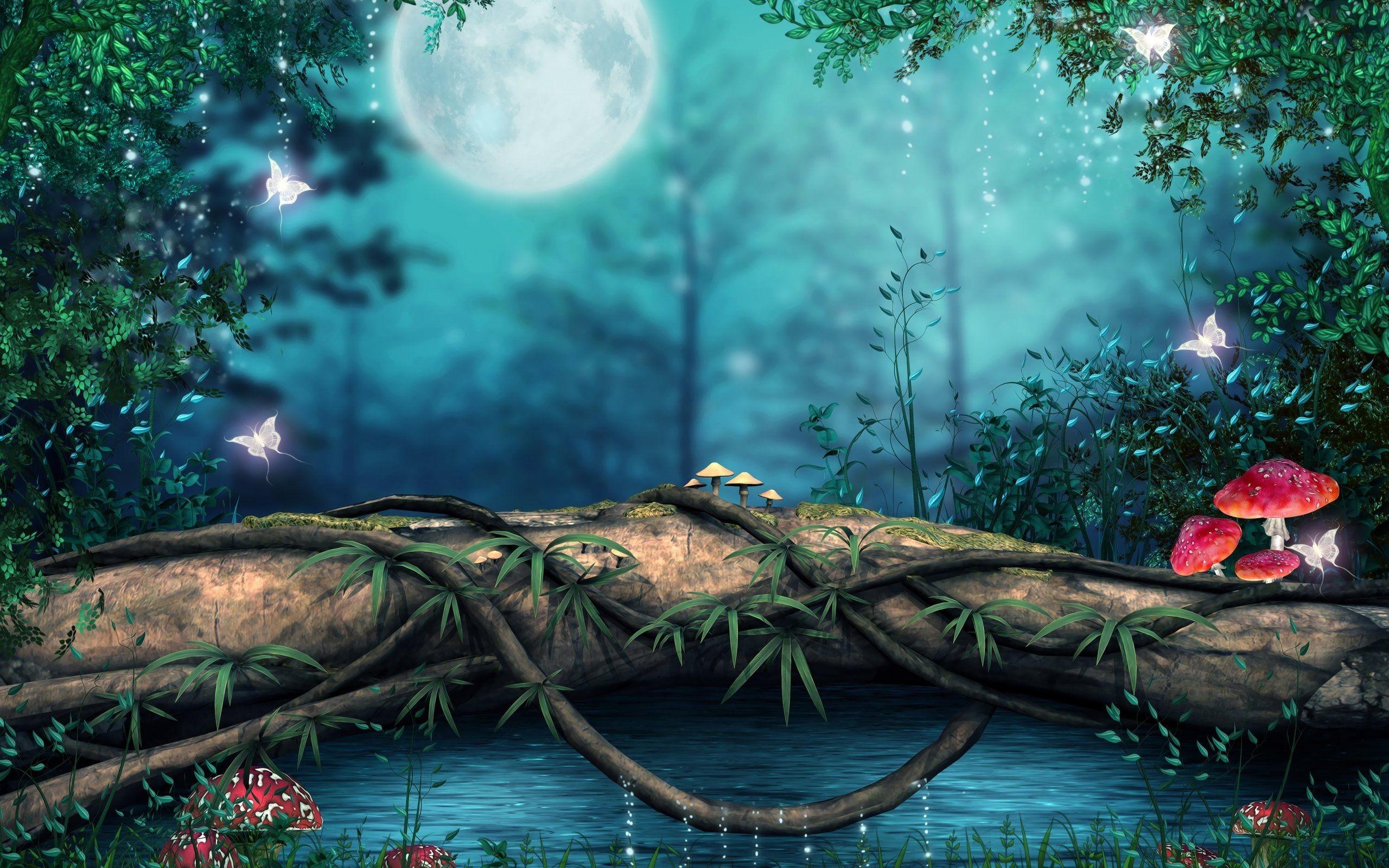 Foresta fantasy notturna con luna, 2560x1600 2K+, PC