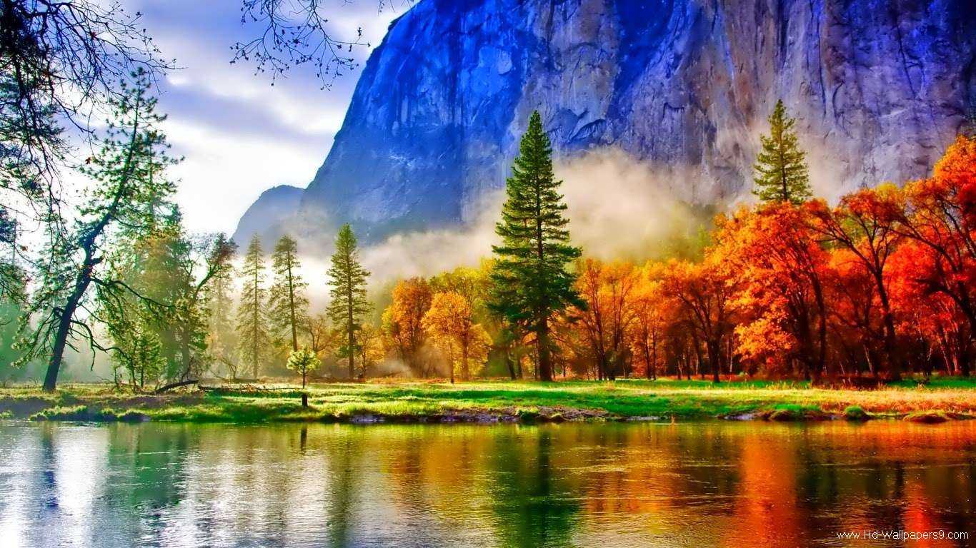 Paesaggio autunnale con montagne e fiume, 1366x768 HD, PC Desktop