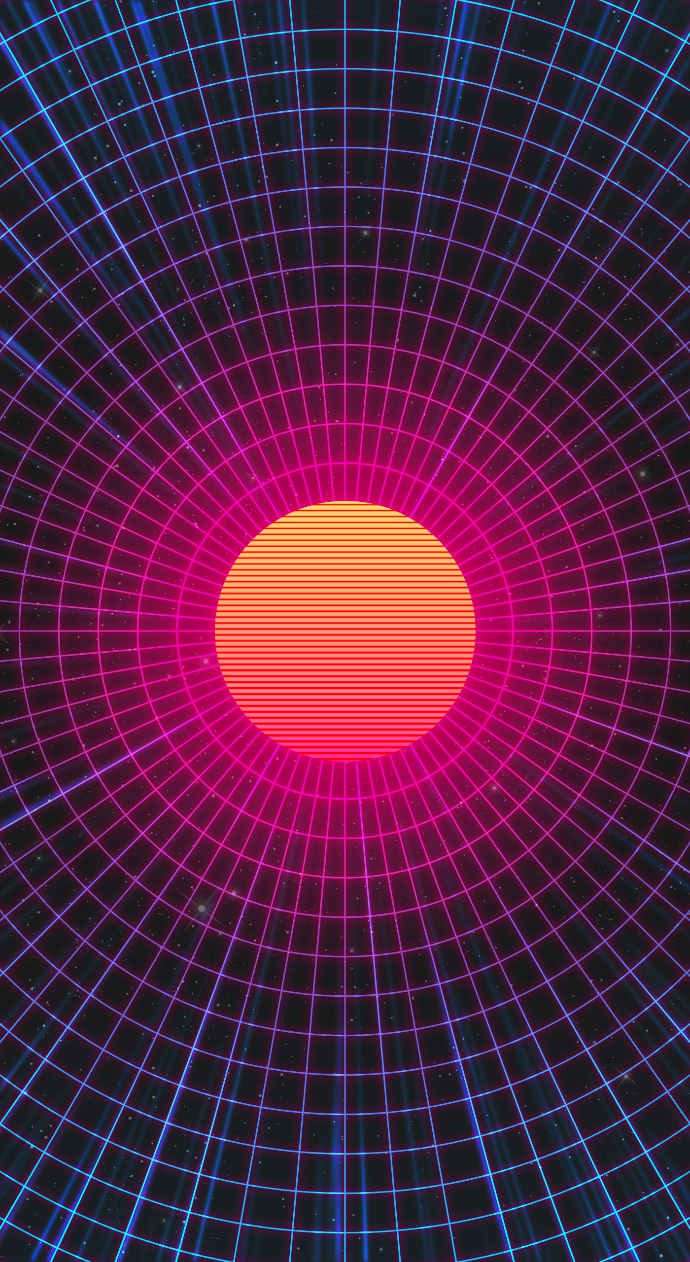 Sole retrowave griglia neon, sfondi Belli, 1400x2560 Full HD Verticale, Smartphone