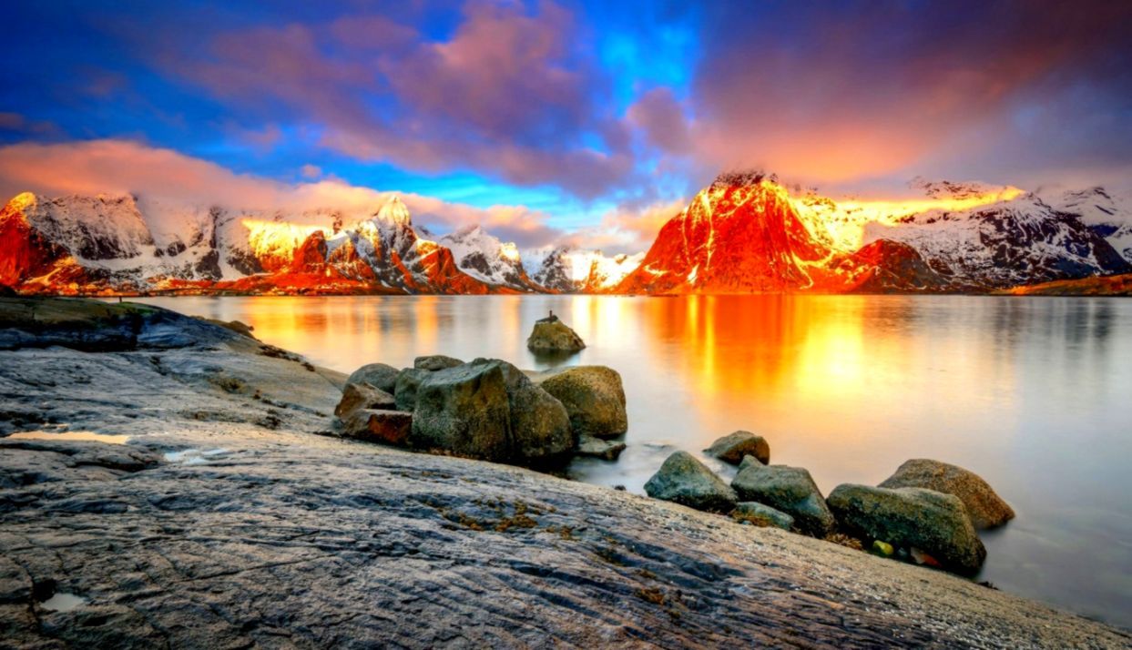 tramonto montagne innevate fiordo, sfondi Belli, 1243x714 HD, Desktop