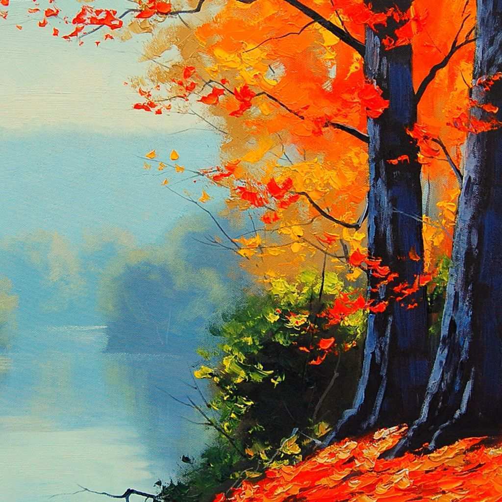 Dipinto lago autunnale alberi, sfondi Belli, 1024x1024 HD, Laptop