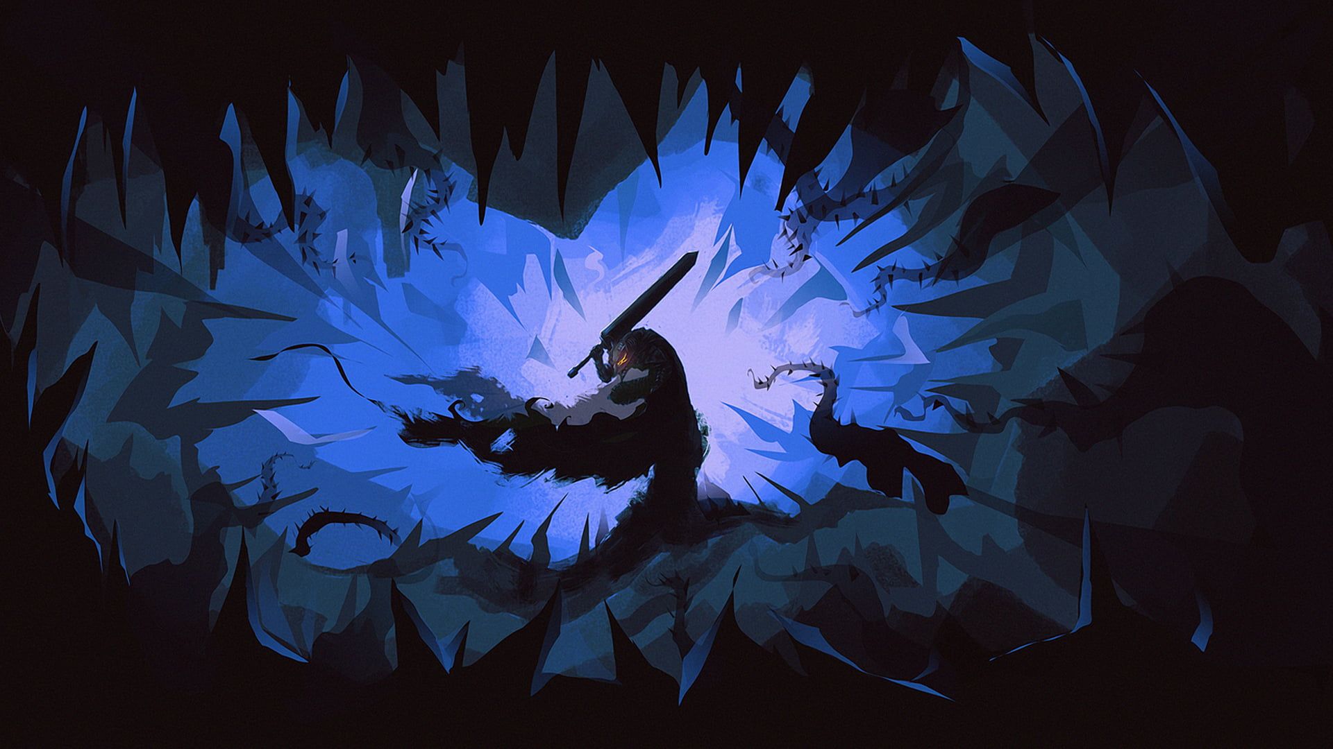 Guts Berserk silhouette spada blu, 1920x1080 Full HD, Desktop
