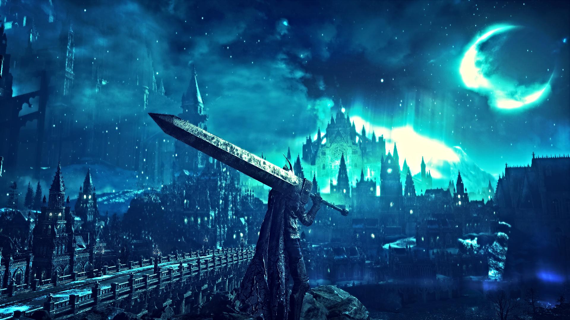 Spada gigante castello notturno blu, 1920x1080 Full HD, Laptop