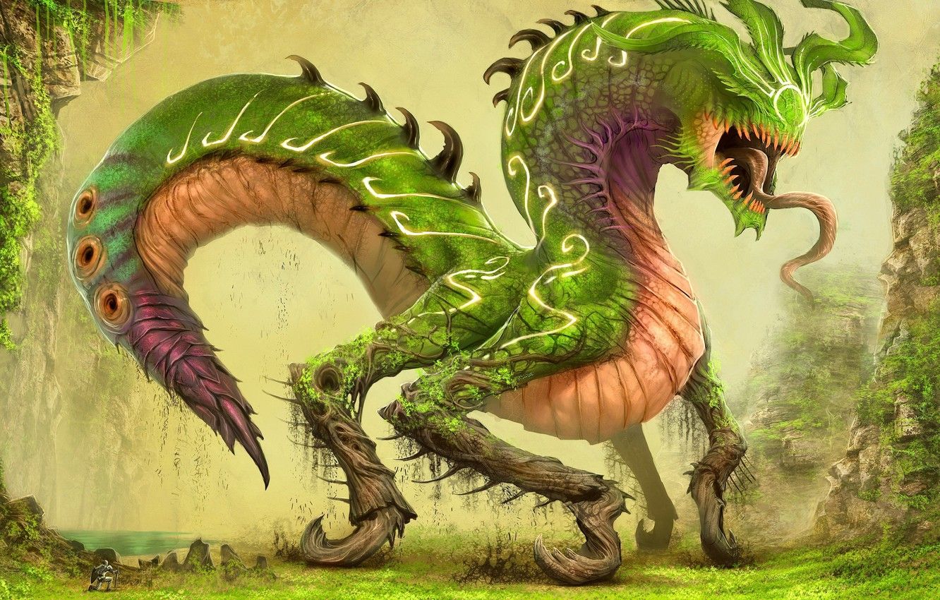 Drago bestia verde fantasy, 1332x850 720p, Laptop