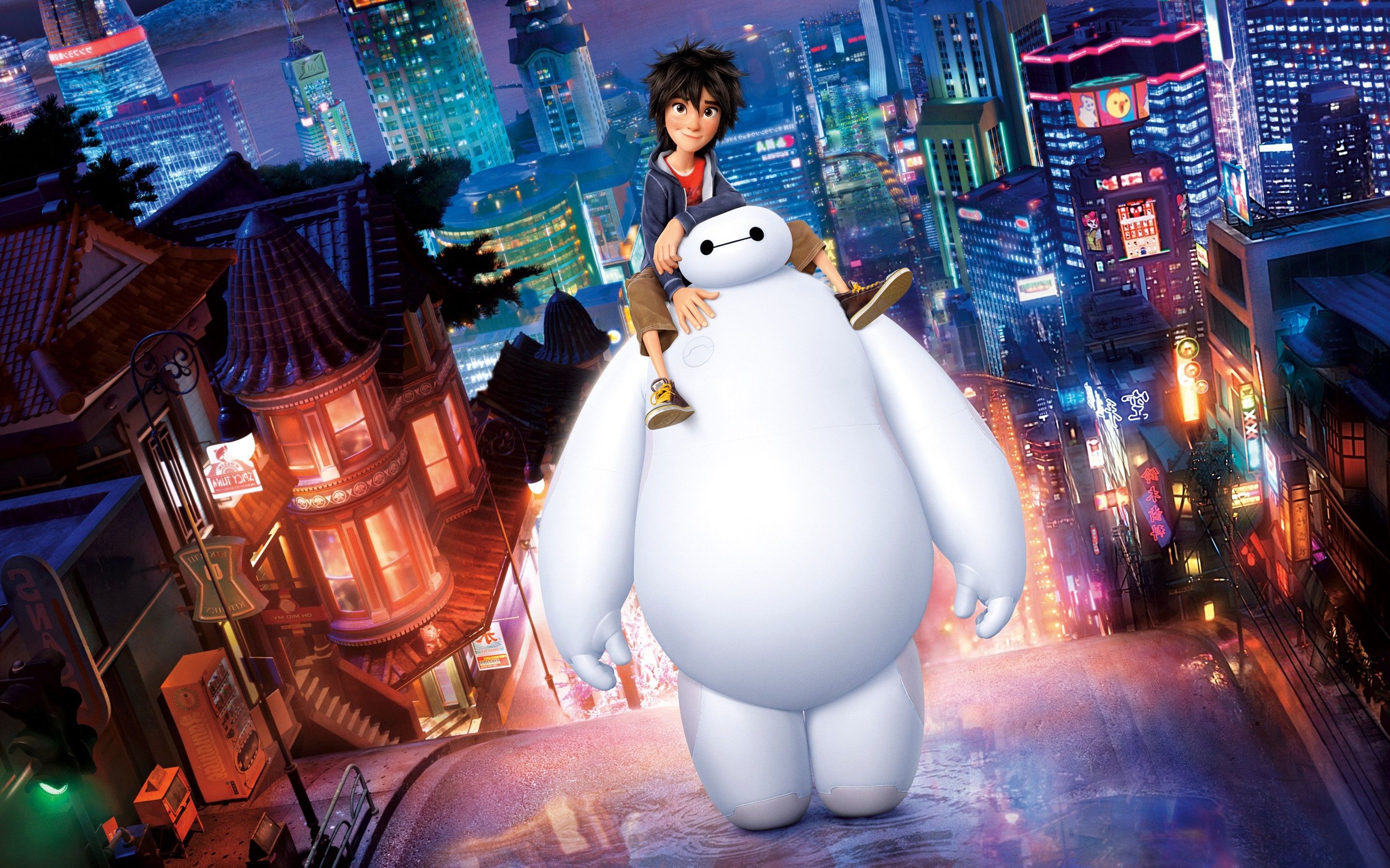 Baymax e Hiro, città notturna, 2880x1800 2K, Desktop