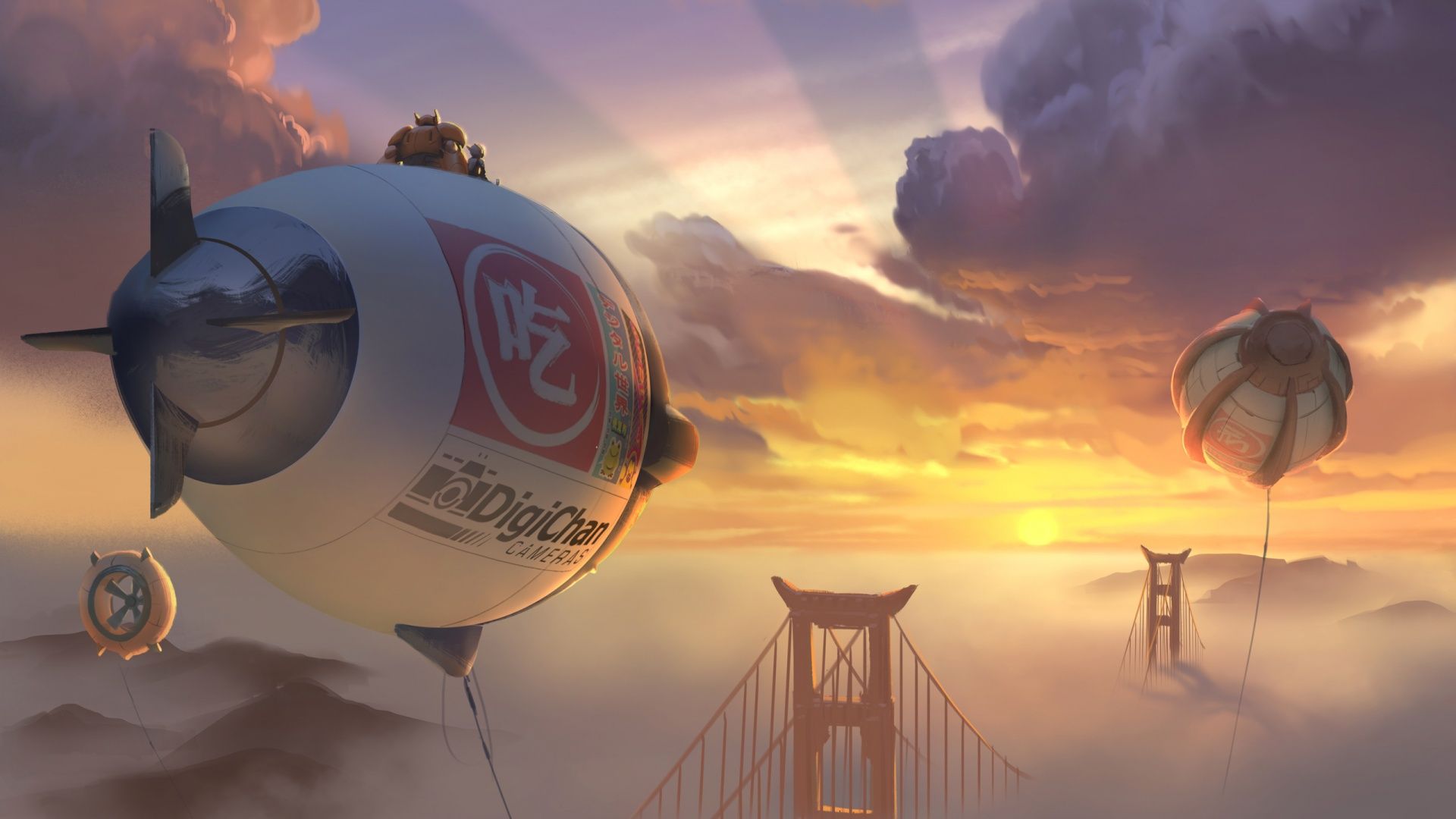 Baymax dirigibile San Fransokyo tramonto, 1920x1080 Full HD 1080p, PC