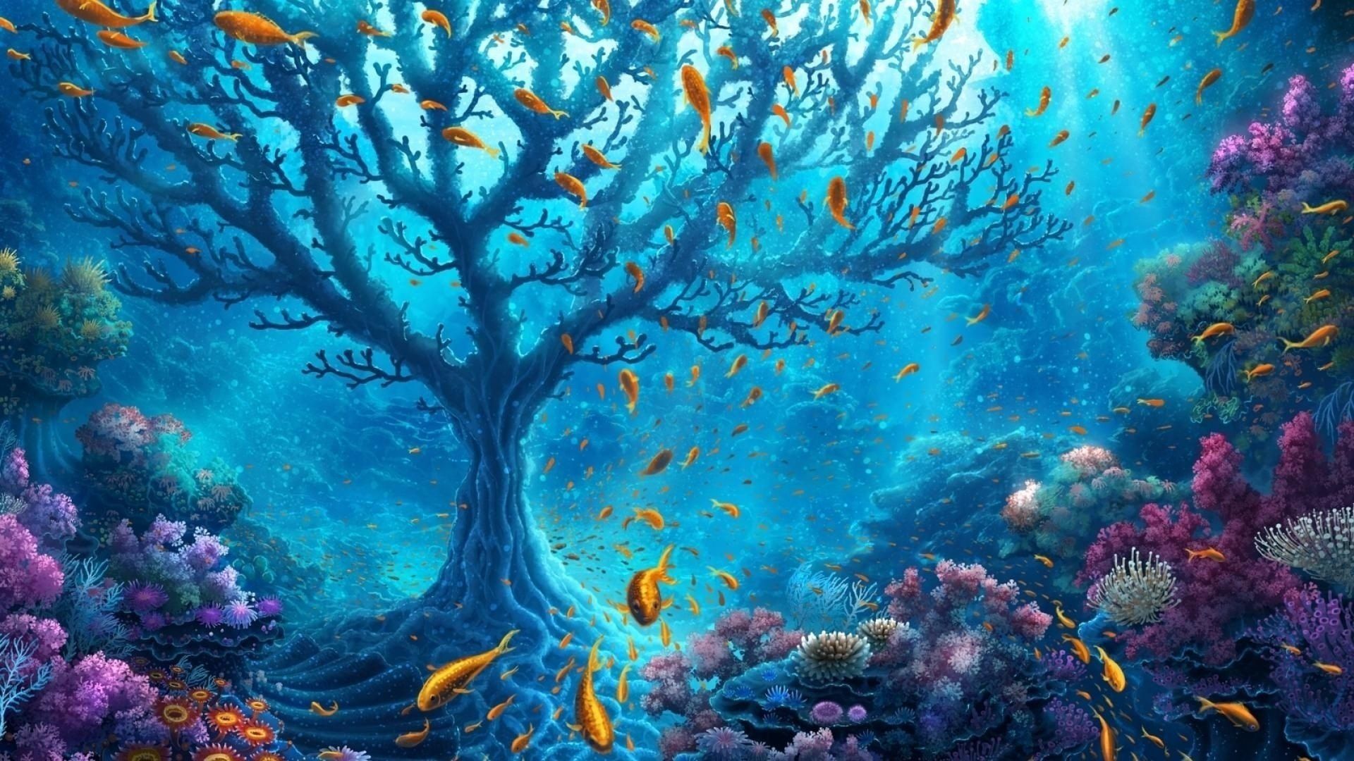 Albero corallino con pesci arancioni, 1920x1080 Full HD 1080p, PC