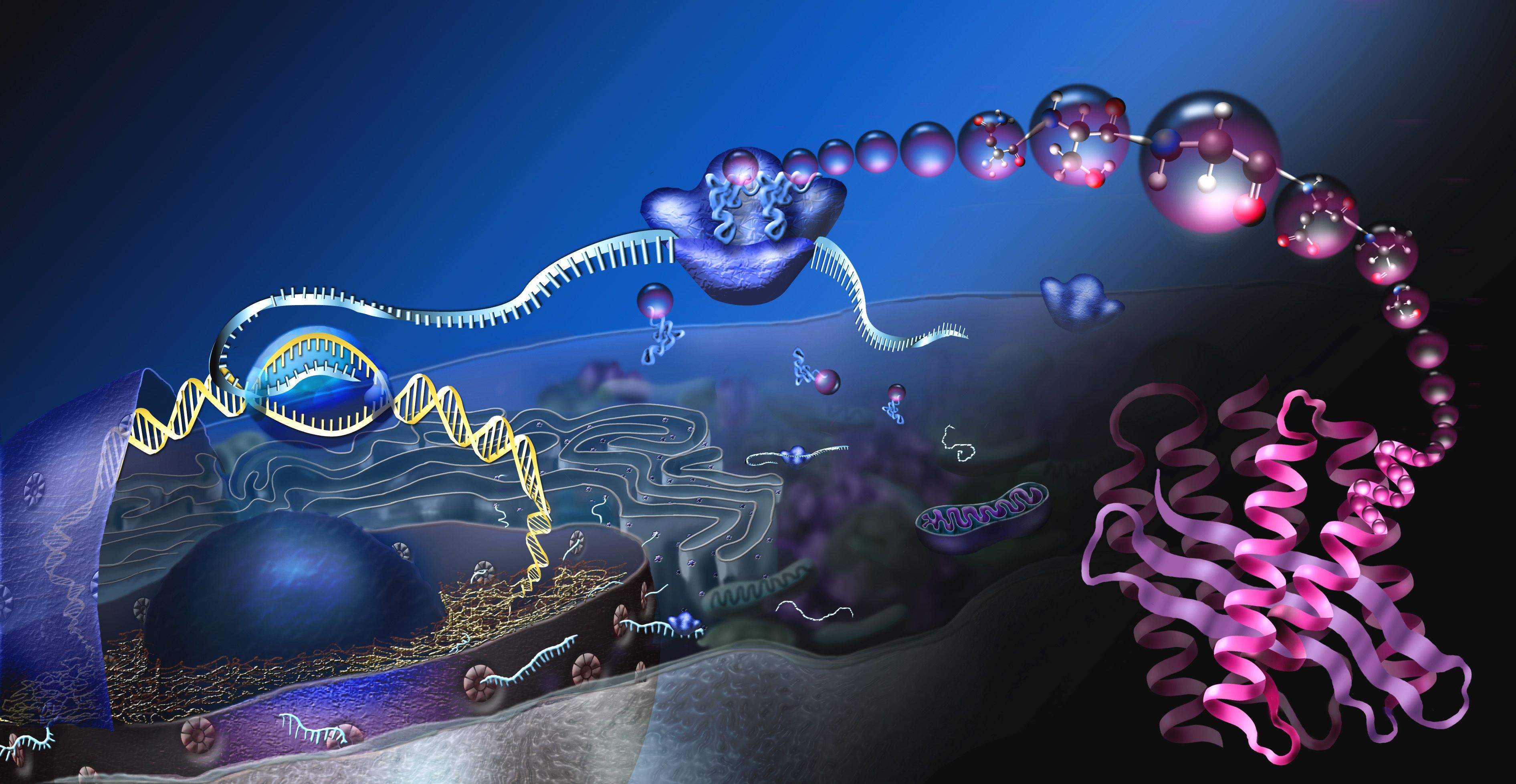 DNA e proteine 3D blu, 3783x1958 2K+, Desktop