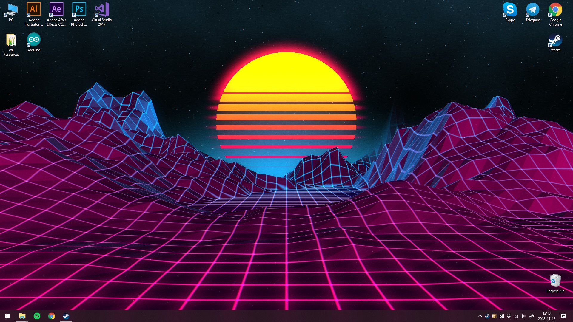 desktop retrowave, sole al neon rosa, sfondi per PC, 1920x1080 Full HD, PC