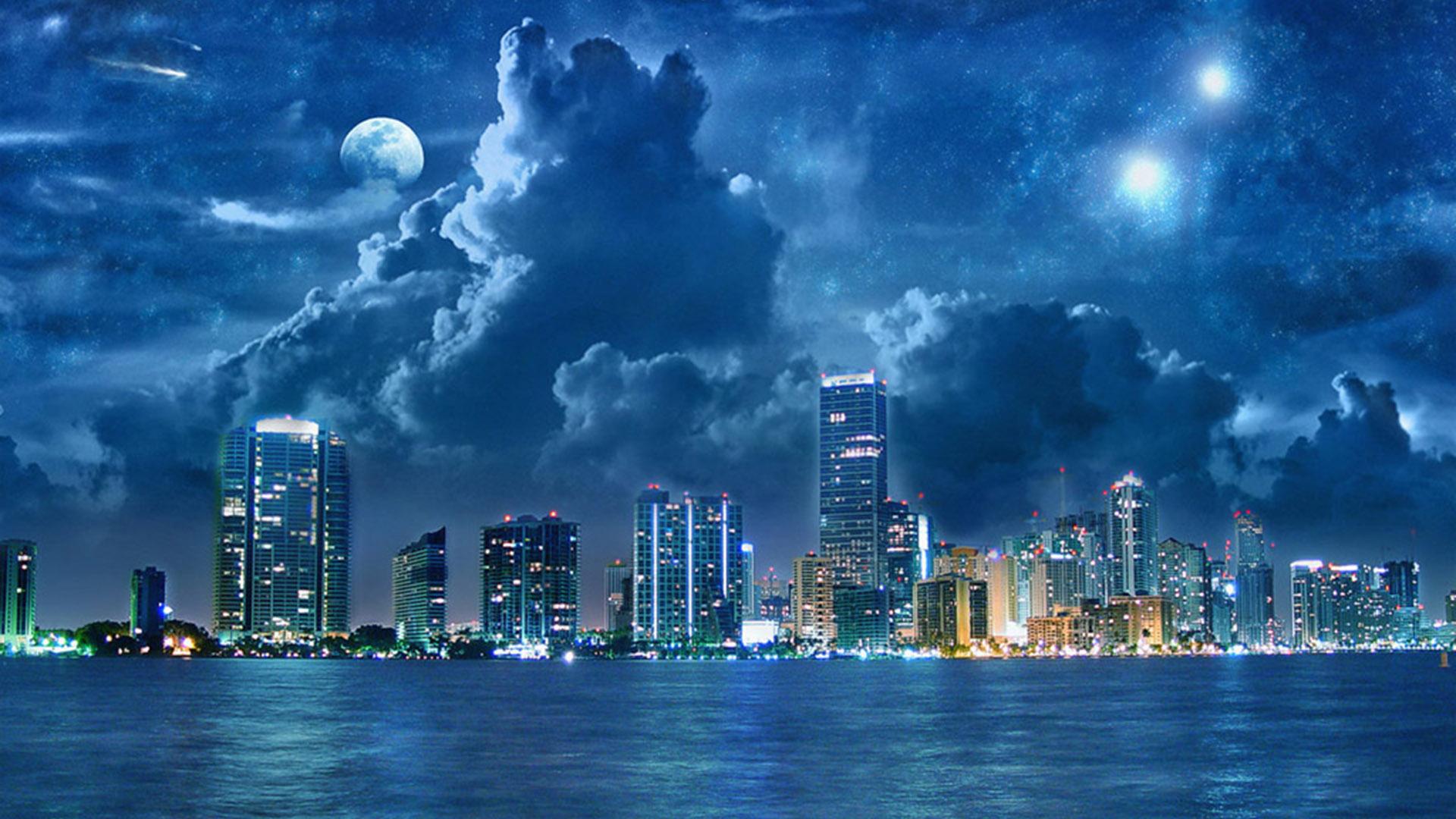 Skyline notturno città blu, 1920x1080 Full HD, PC Desktop