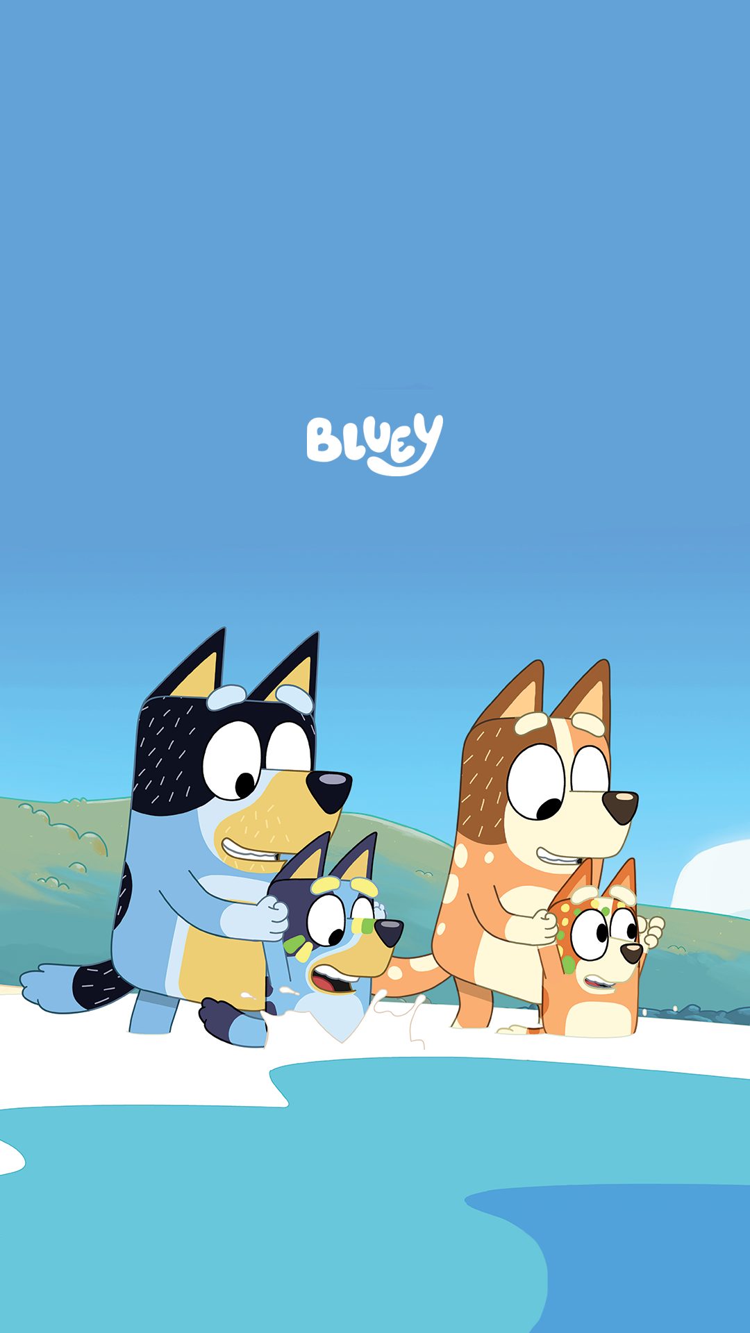 Famiglia Bluey in spiaggia, 1080x1920 Full HD Verticale, Smartphone
