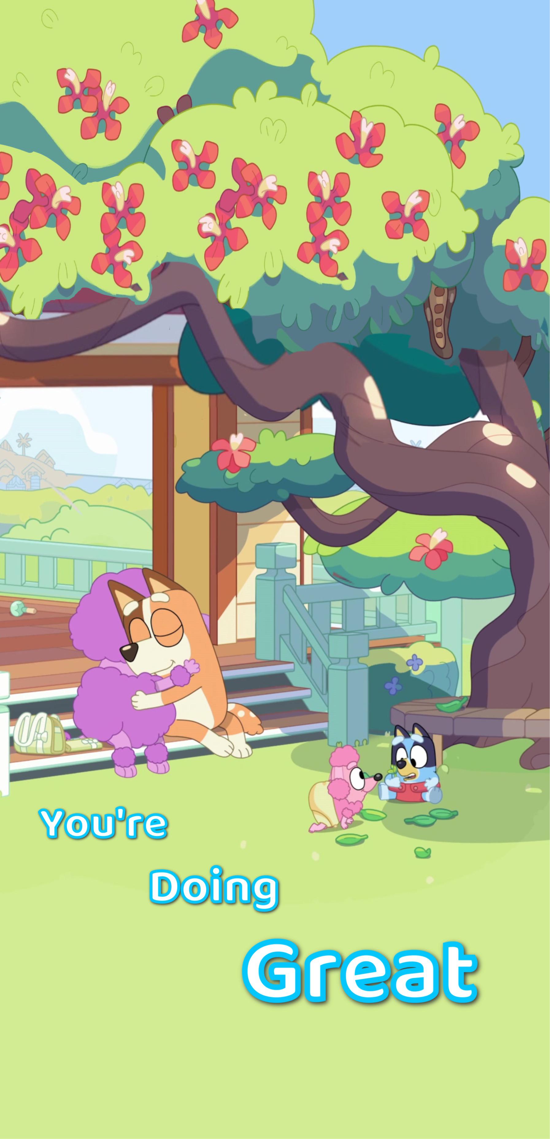 Bluey e Bingo sotto albero, 1793x3709 Verticale, Telefono