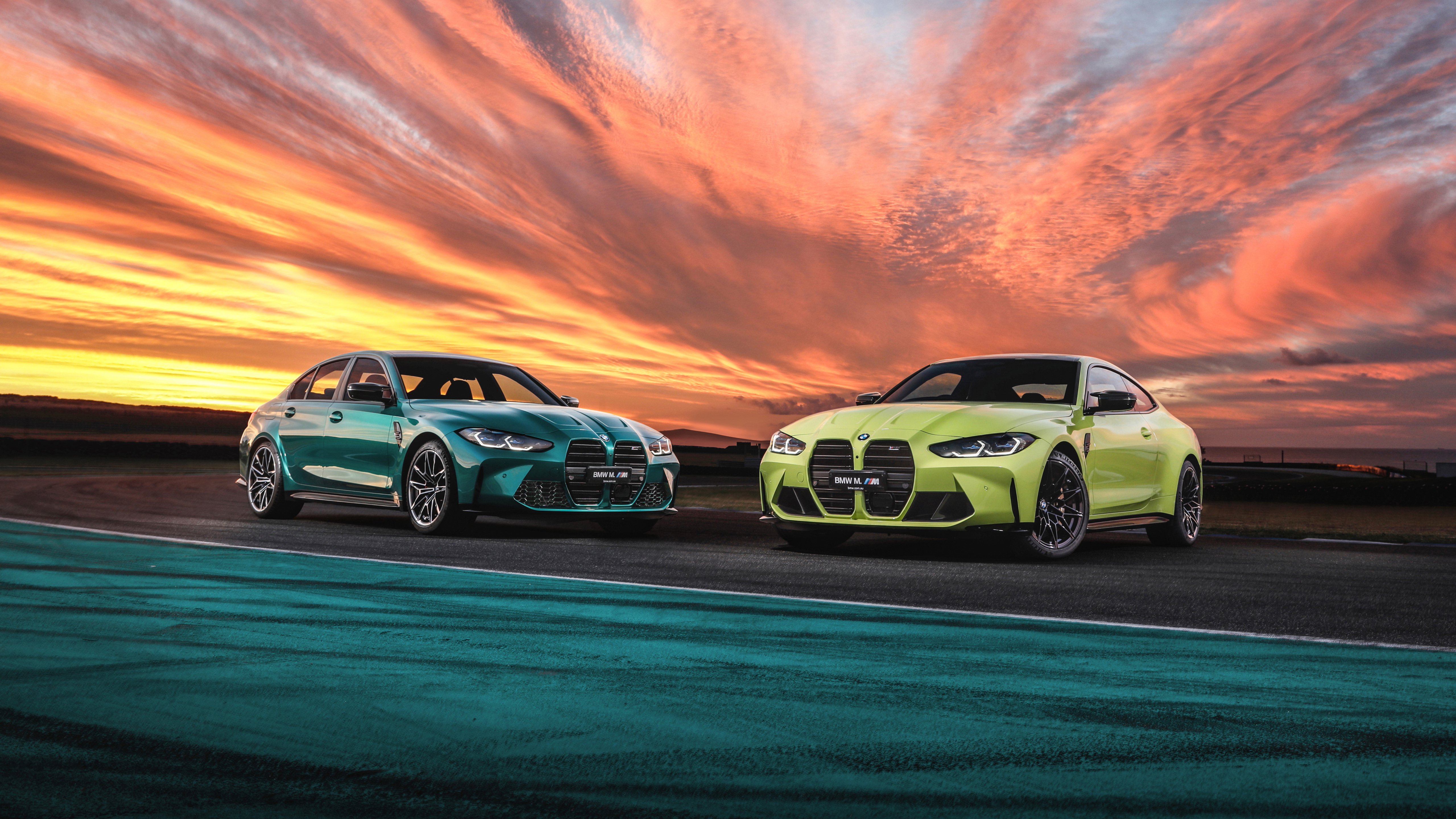 Due BMW M4 pista tramonto, 5120x2880 UHD, PC 4K