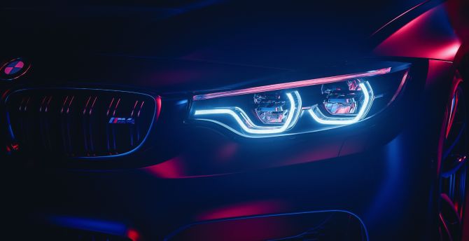 Faro BMW M4 neon blu rosso, 670x344 HD, iMac