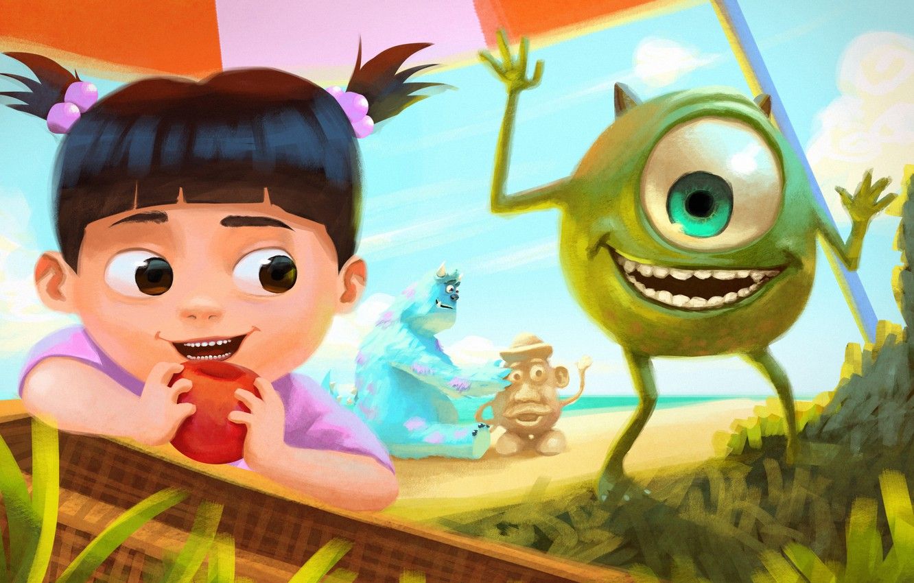 Boo, Mike Wazowski, Sulley spiaggia, 1332x850 HD, Desktop