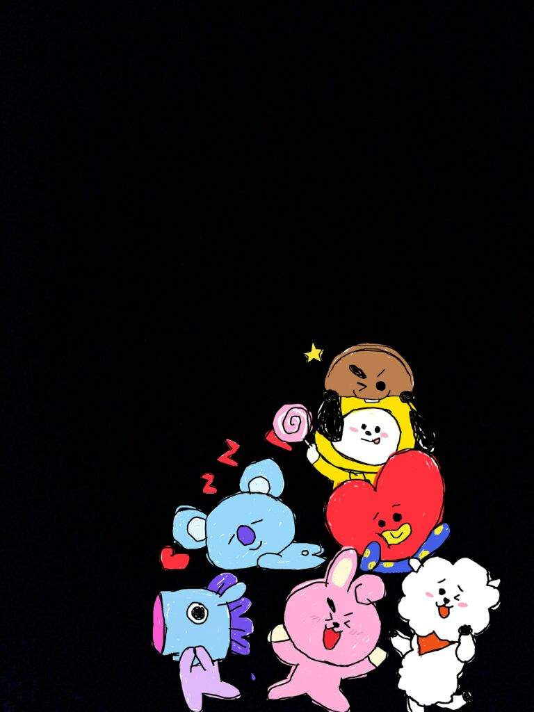 Personaggi BT21 sfondo nero, 768x1024 Verticale, Mobile